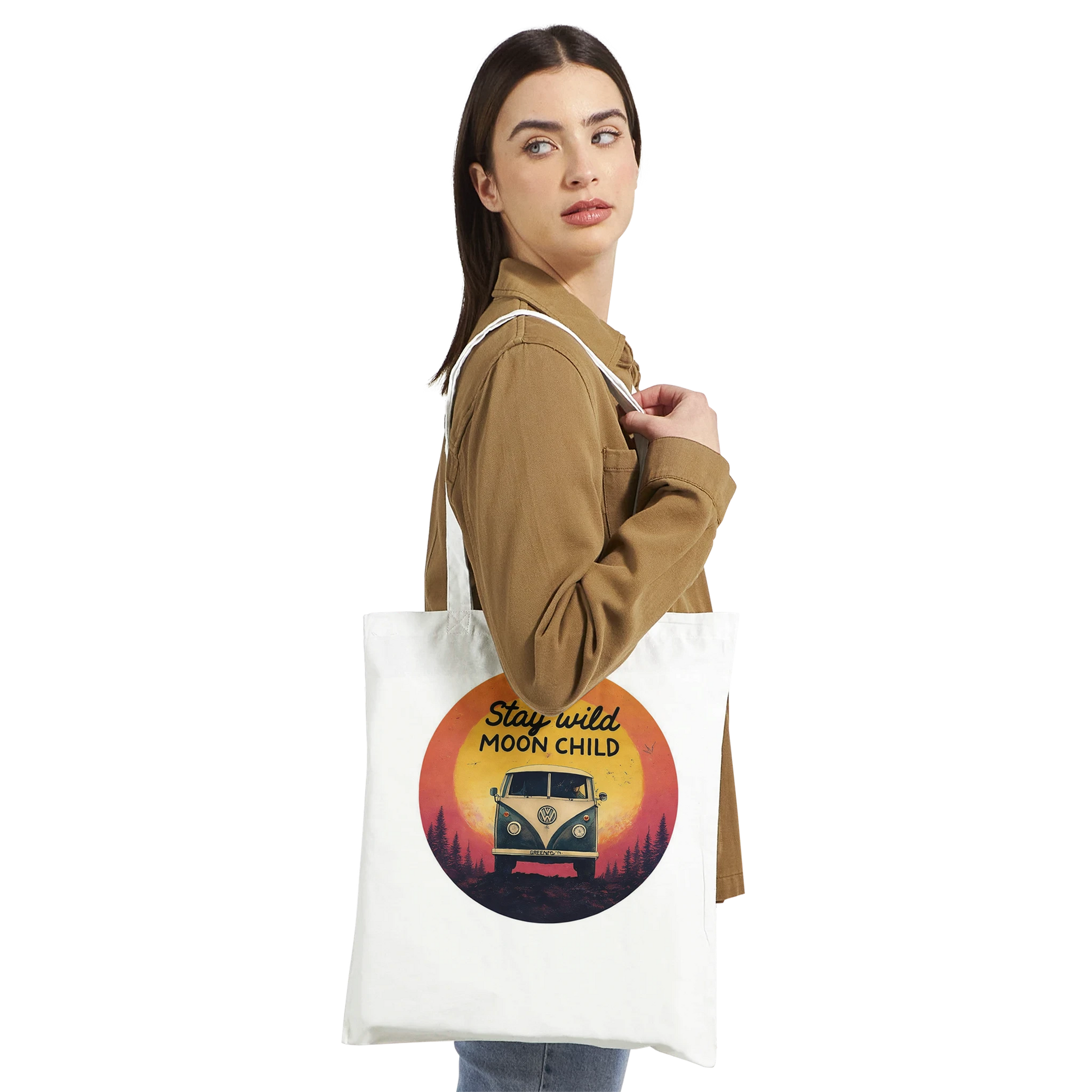 Van life tote bag with 'Stay Wild Moon Child' sunset camper van design, perfect for festival-goers and adventurers.