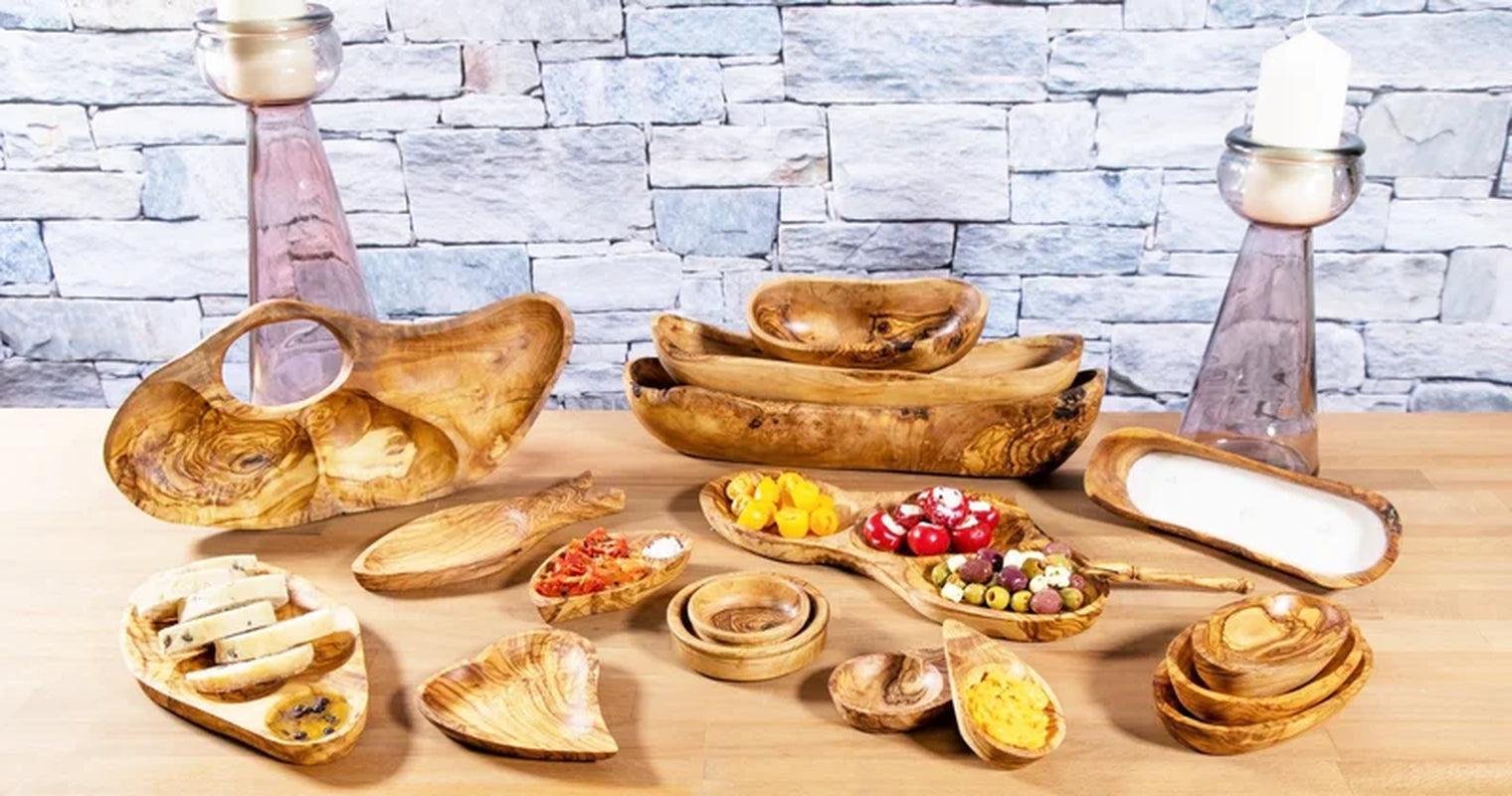 Olive wood serving bowls, trays & spoons for van life kitchen essentials, rustic camp dining gear