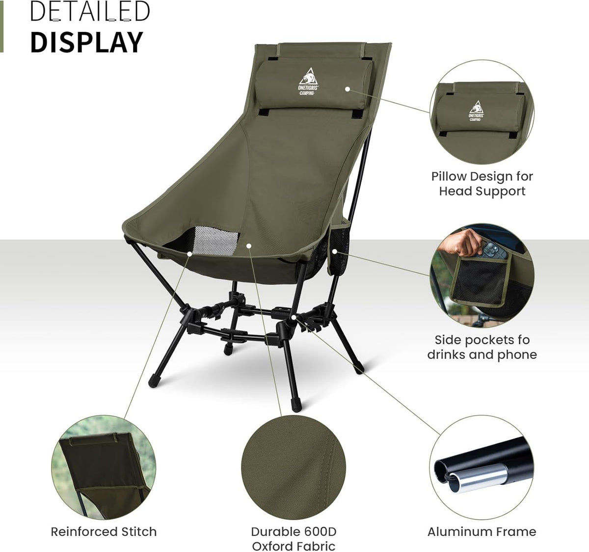 Dragonhide Oversized Camping Chair with Pillow Design, Comfortable Widened Seat Folding, 275 Lbs Capacity
