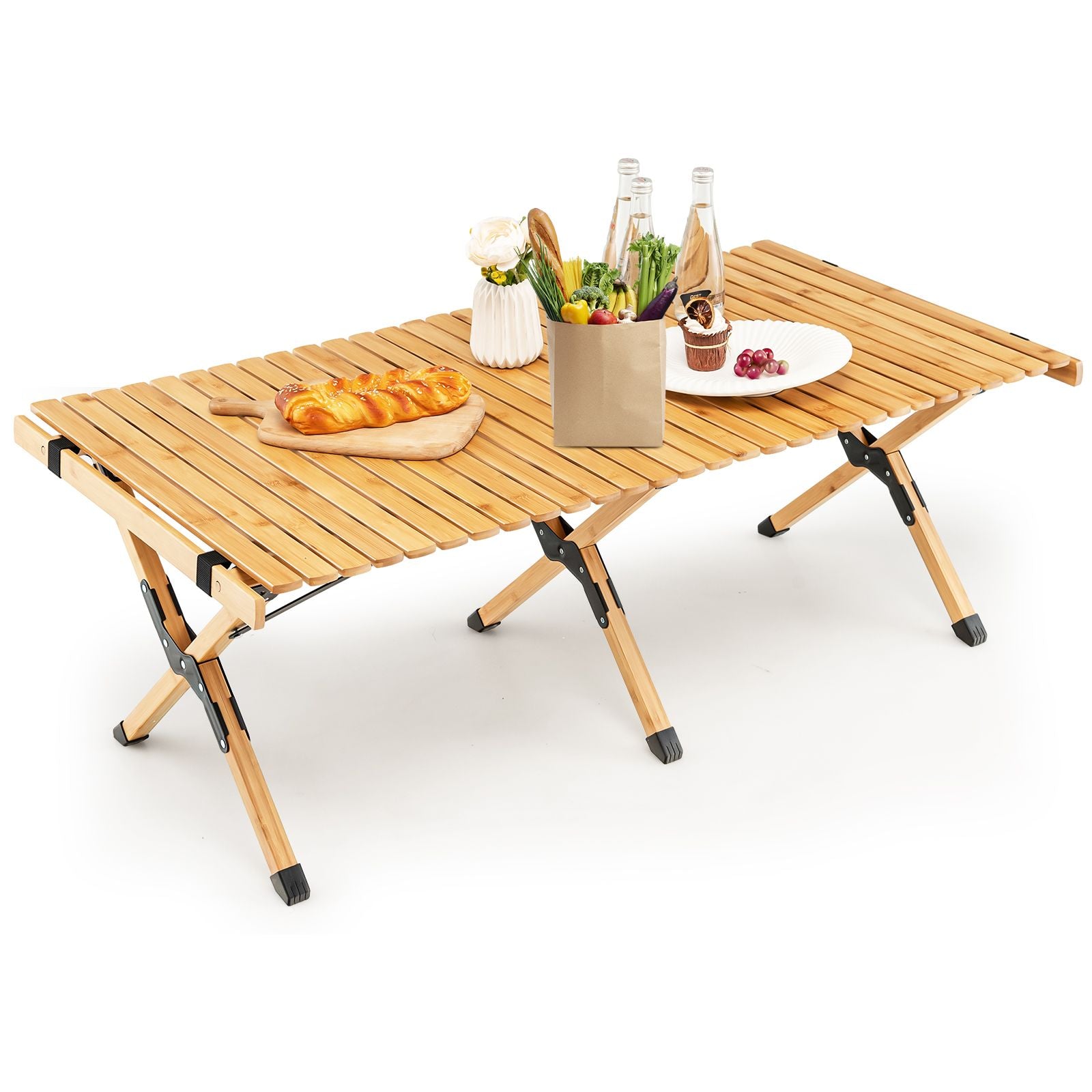 Portable bamboo camping table with picnic setup, ideal for van life and outdoor adventures