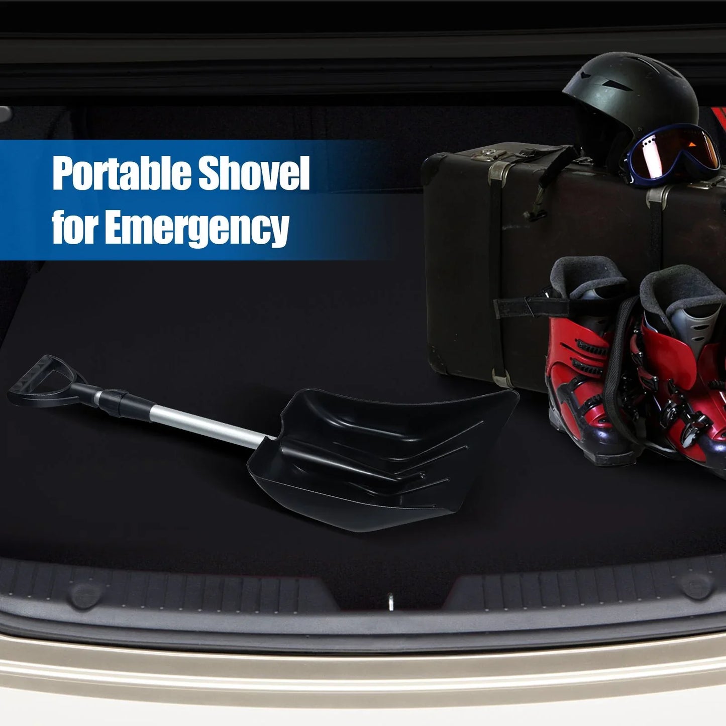 Portable emergency shovel in van trunk with ski gear, perfect for van life adventures and outdoor emergencies