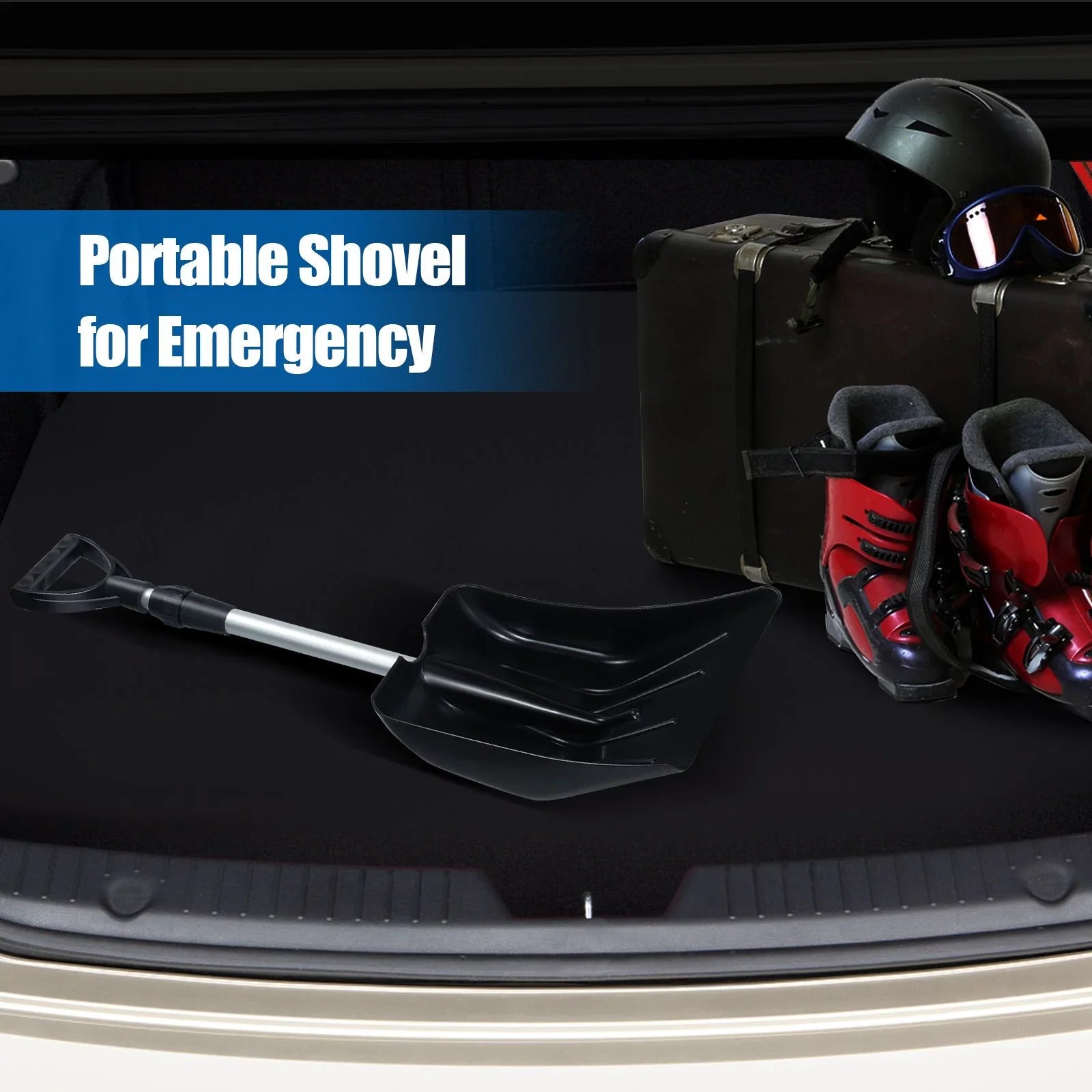 Portable emergency shovel in van trunk with ski gear, perfect for van life adventures and outdoor emergencies