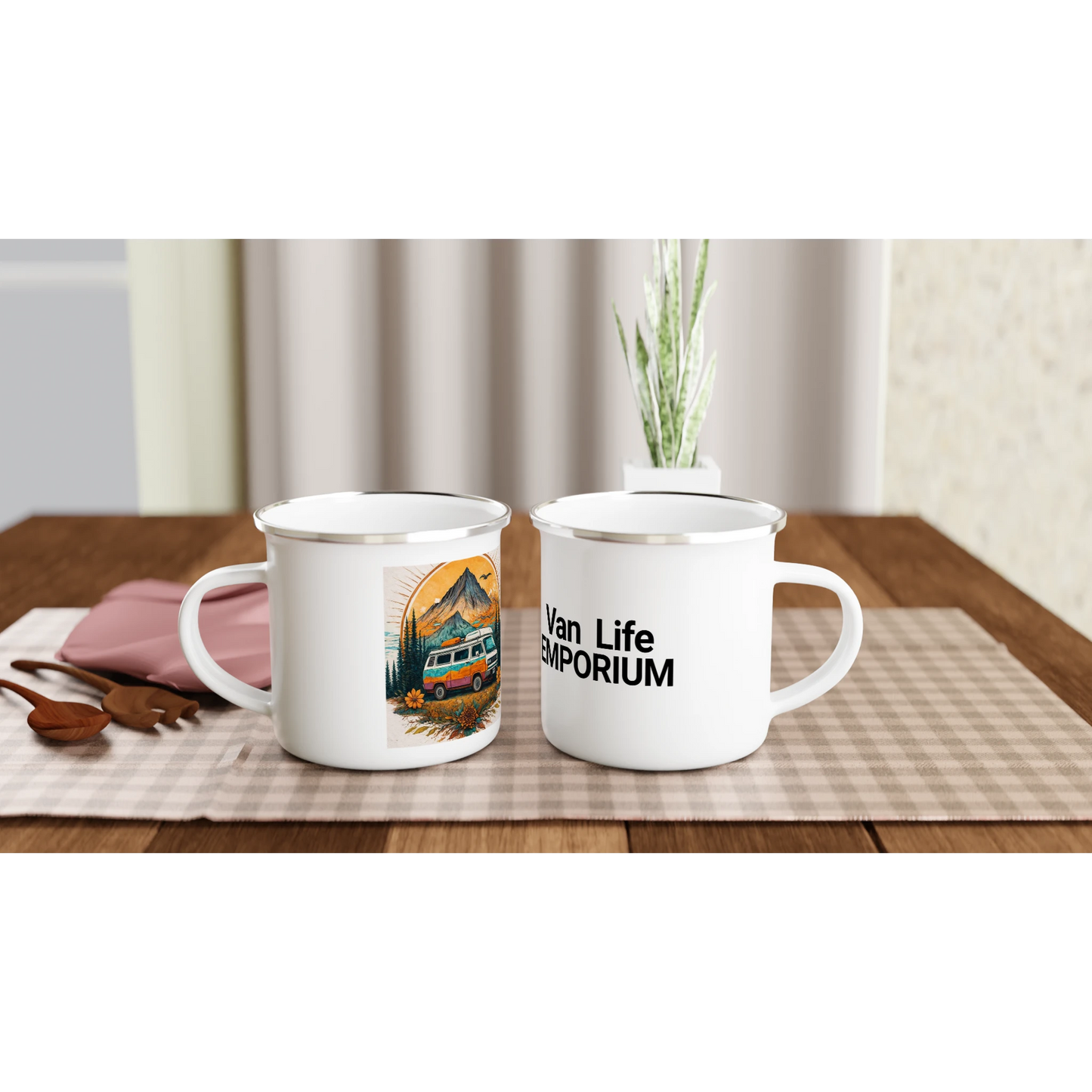 Van Life Emporium enamel mugs with mountain van art, perfect for camper van adventures and outdoor gear lovers