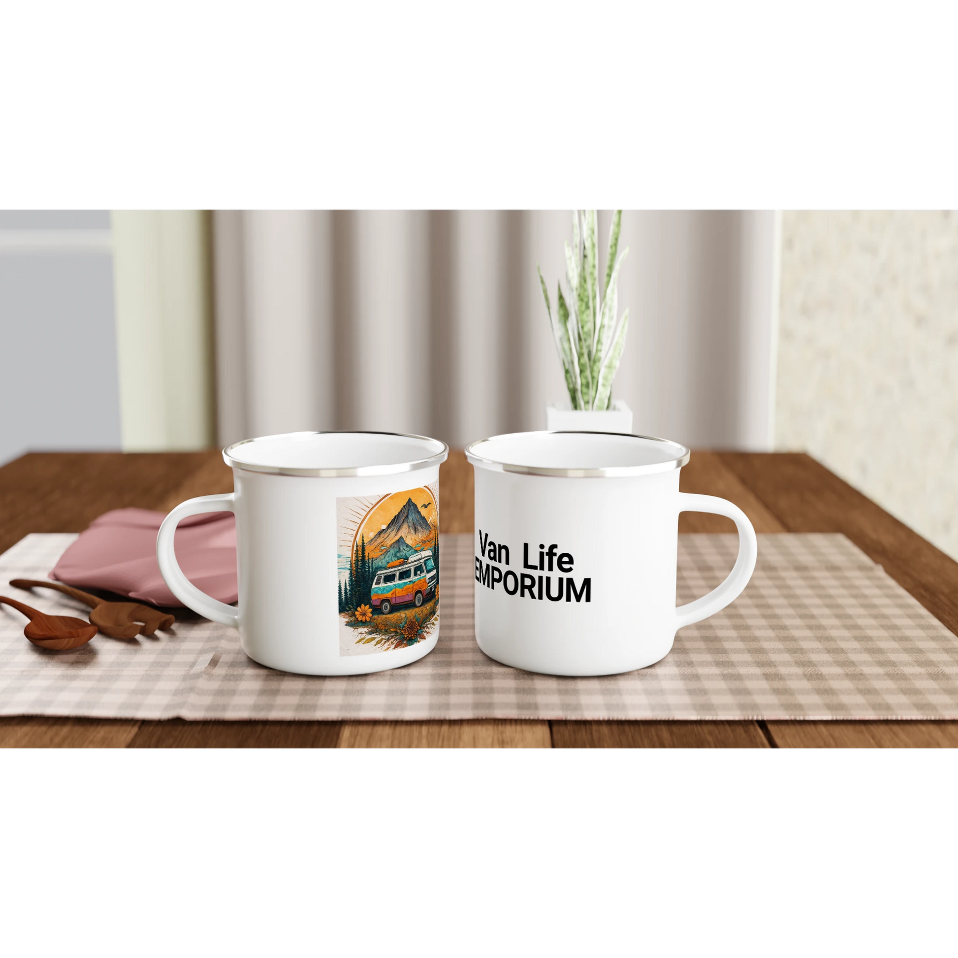 Van Life Emporium enamel mugs with mountain van art, perfect for camper van adventures and outdoor gear lovers