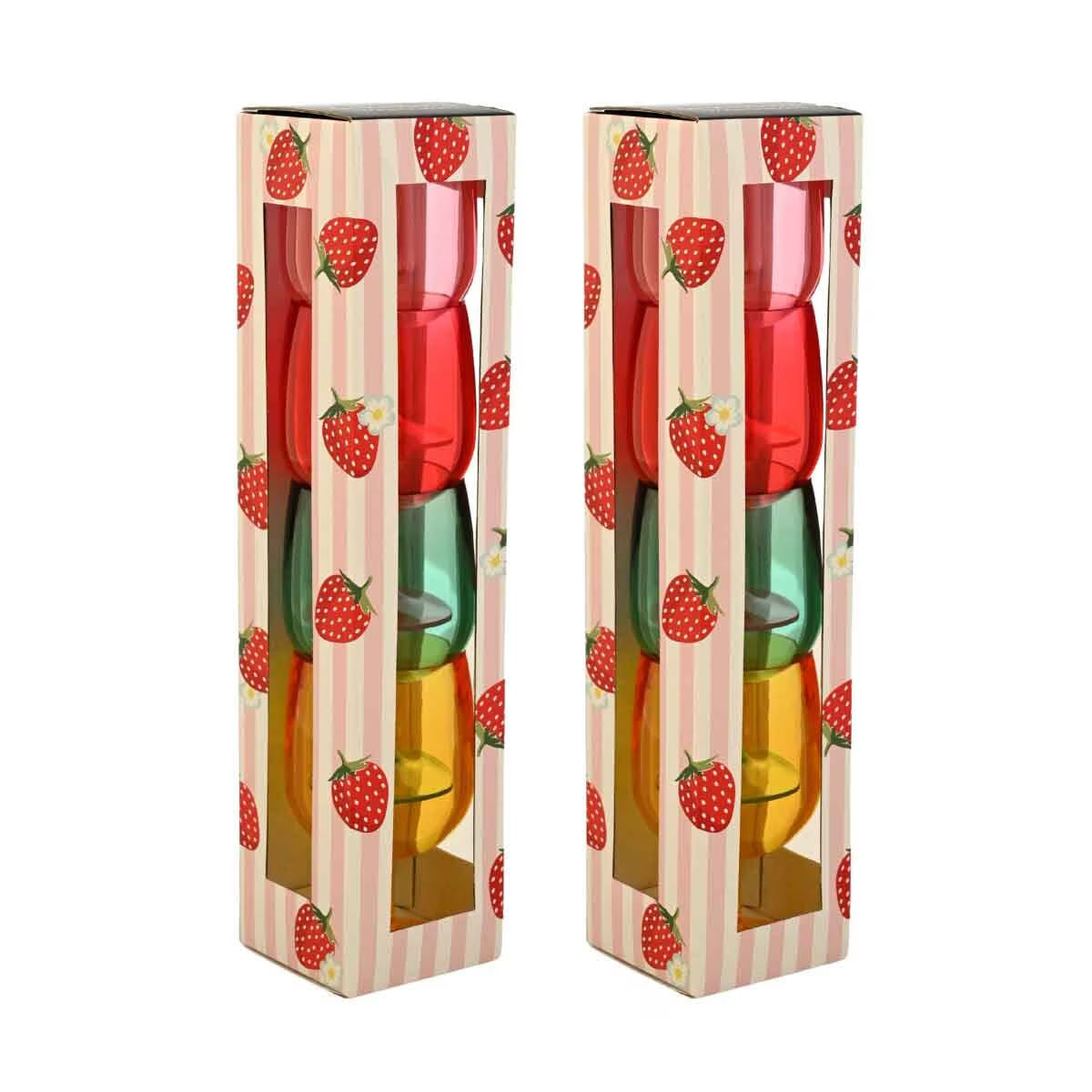 Colorful stackable cups in strawberry-print packaging, perfect for van life adventures and outdoor picnics.