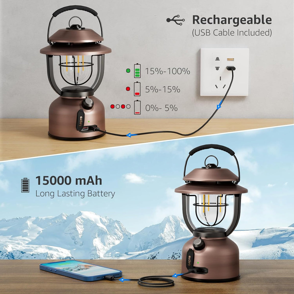 Retro Camping Lantern, Rechargeable Camping Light 15000Mah Power Bank
