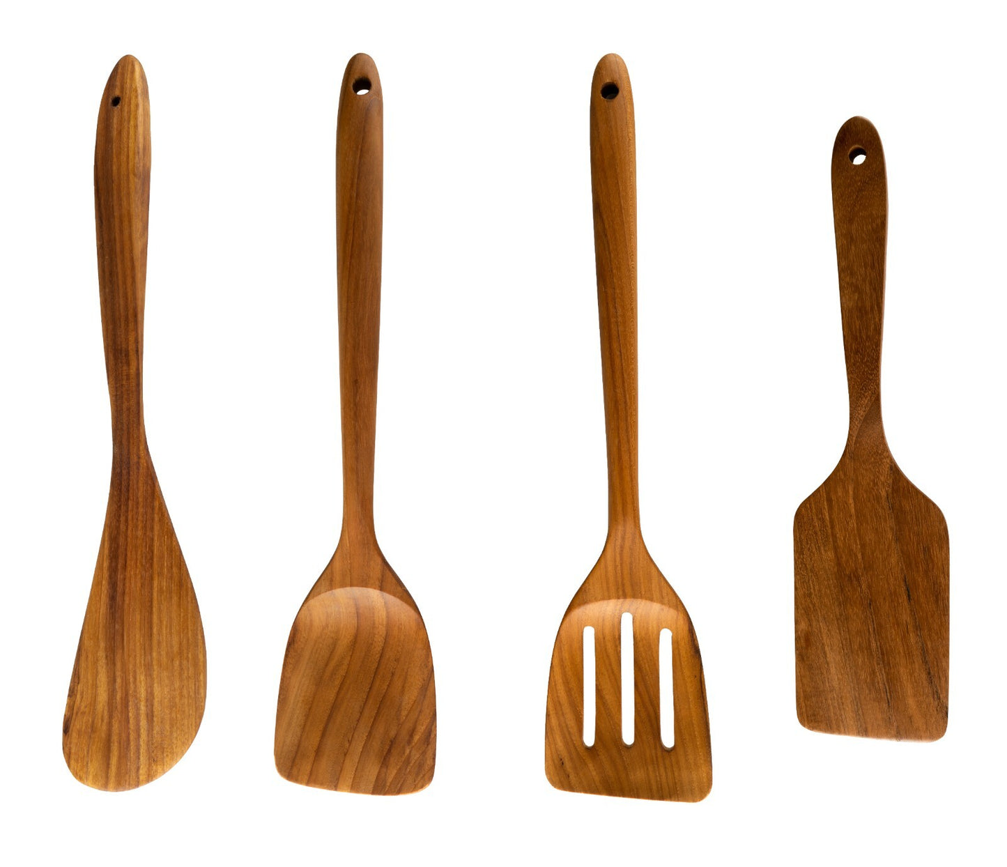 Set of four wooden kitchen utensils for van life cooking, including spatulas and turners, perfect for camper van essentials.