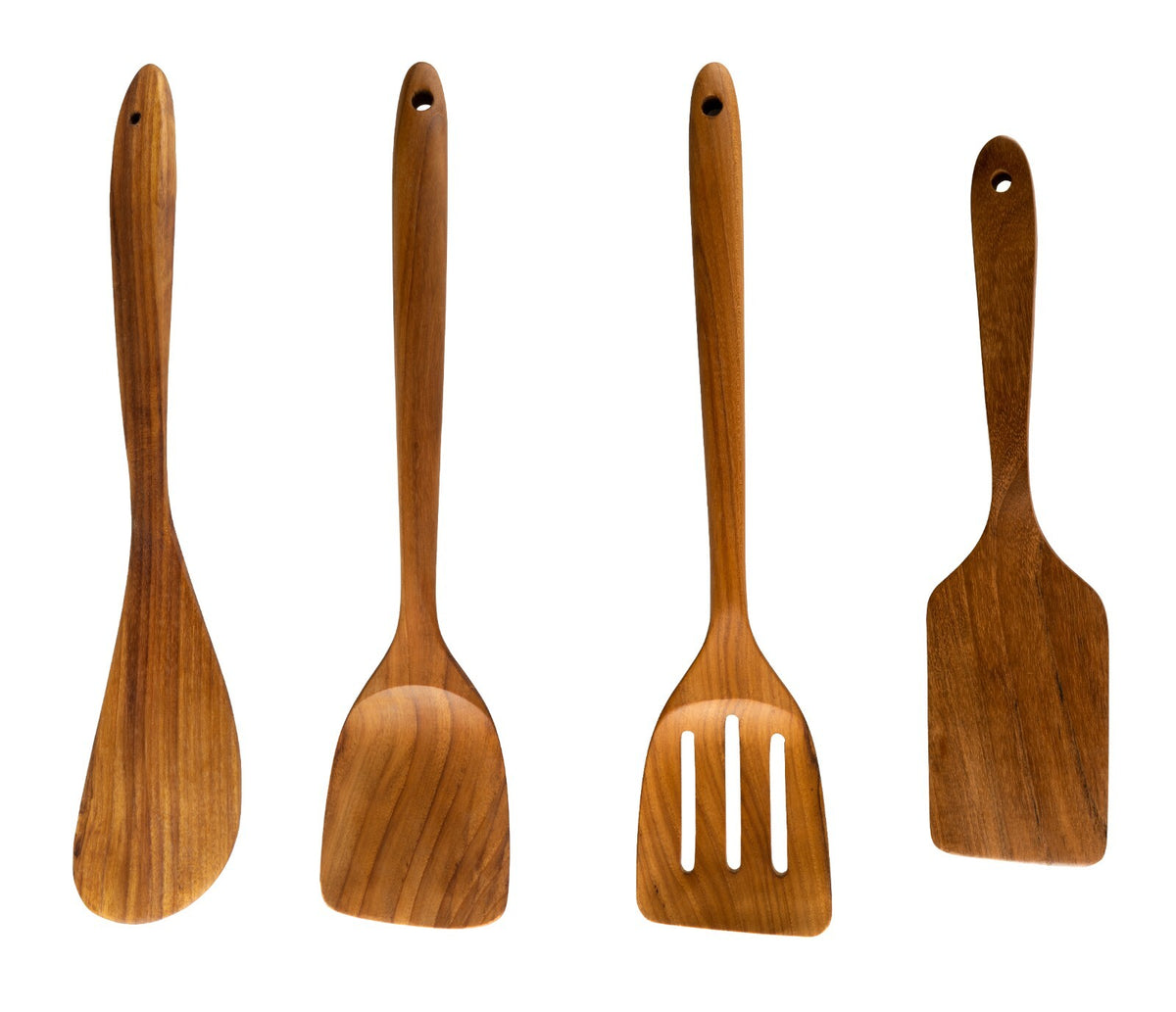 Set of four wooden kitchen utensils for van life cooking, including spatulas and turners, perfect for camper van essentials.