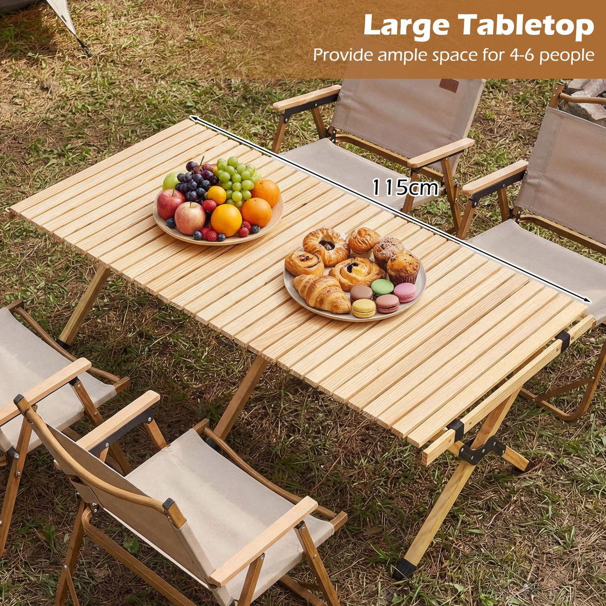 Pine Wood Roll-Up Camping Table with Carry Bag – slatted tabletop with fruit