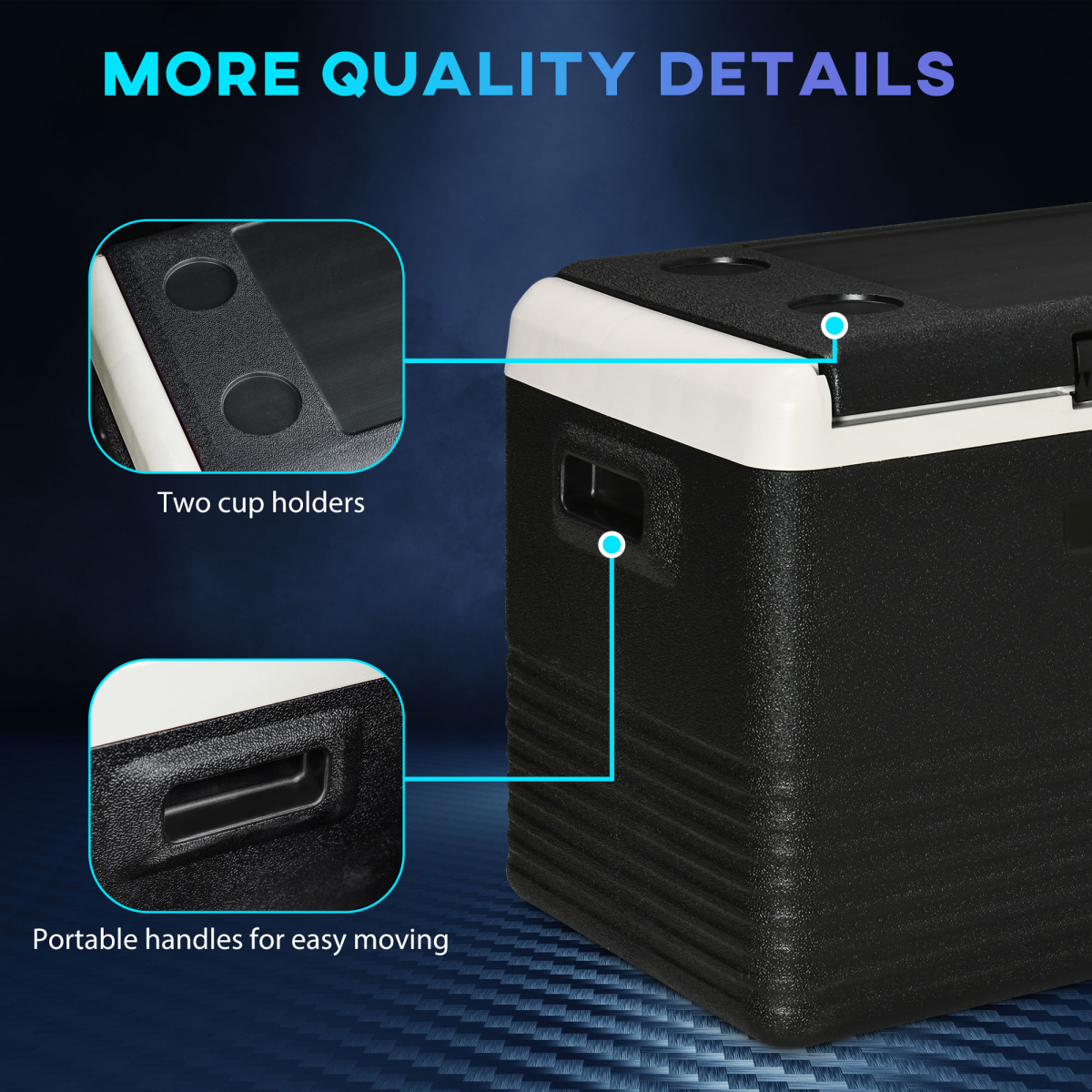 Black and white portable cooler with cup holders and side handles for van life adventures