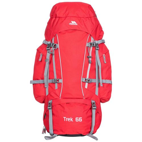 Red Trek 66 hiking backpack with gray straps, ideal for van life adventures and outdoor exploration