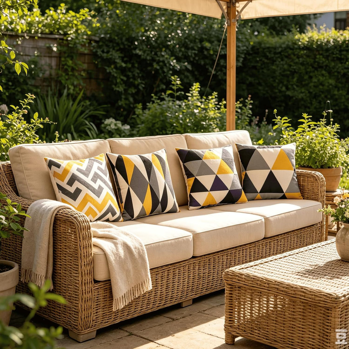 Yellow & Grey Geometric Cushion Covers – 4 Pack, 45cm – cushions on a patio sofa