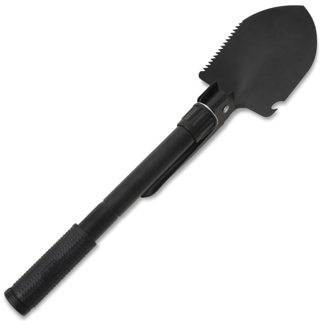 Compact black folding shovel with serrated edge, ideal for van life and outdoor adventures