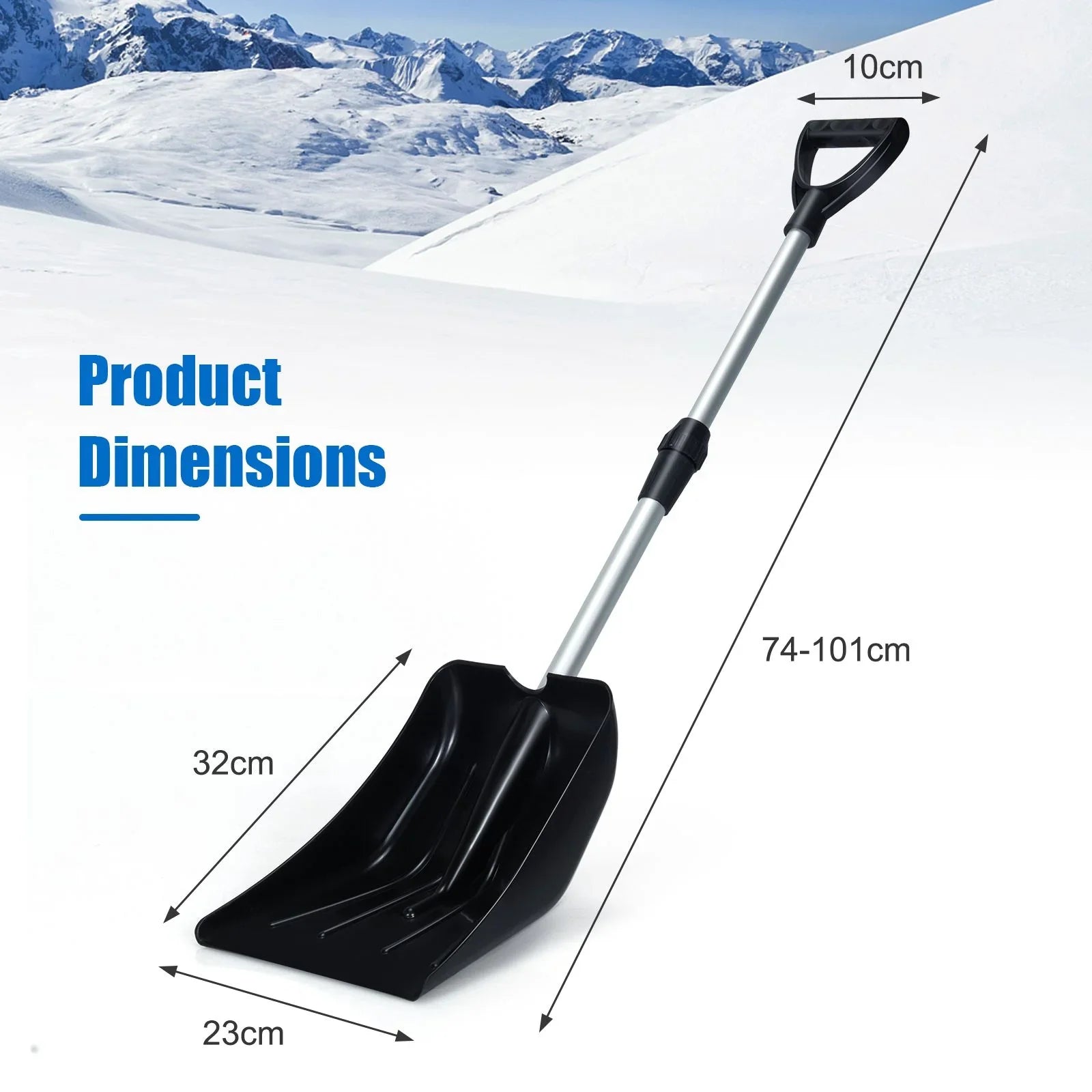 Compact snow shovel for van life adventures, adjustable 74-101cm, ideal for winter camping and off-grid travel.
