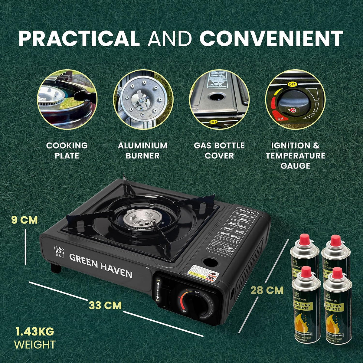 Camping Stove Bundle – Portable Gas Stove, Camping Kettle & 4 Butane Gas Canisters | 2100W Gas Cooker with Carry Case | EN417 | Camping Gas Stove with Auto-Ignition, Adjustable Flame