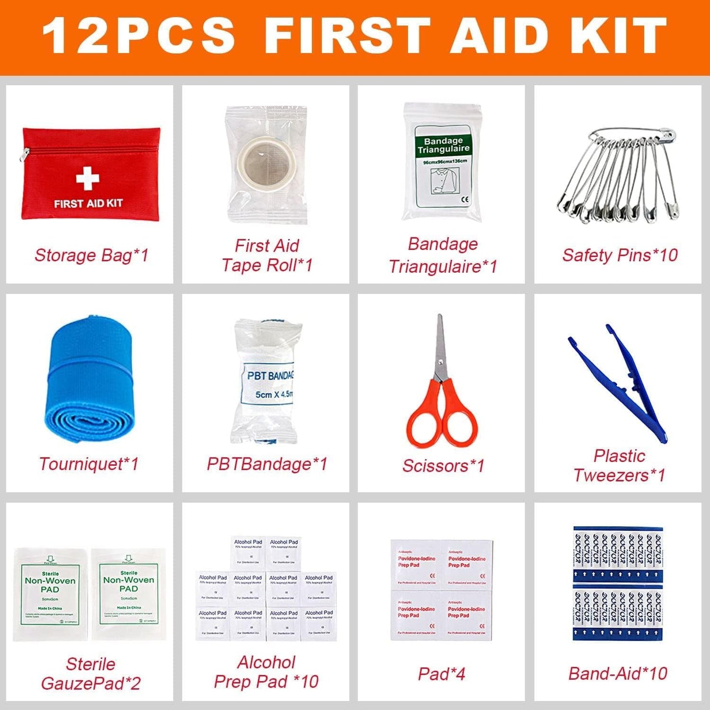 12-piece first aid kit for van life, camping, and outdoor adventures with essentials like bandages, scissors, and alcohol pads