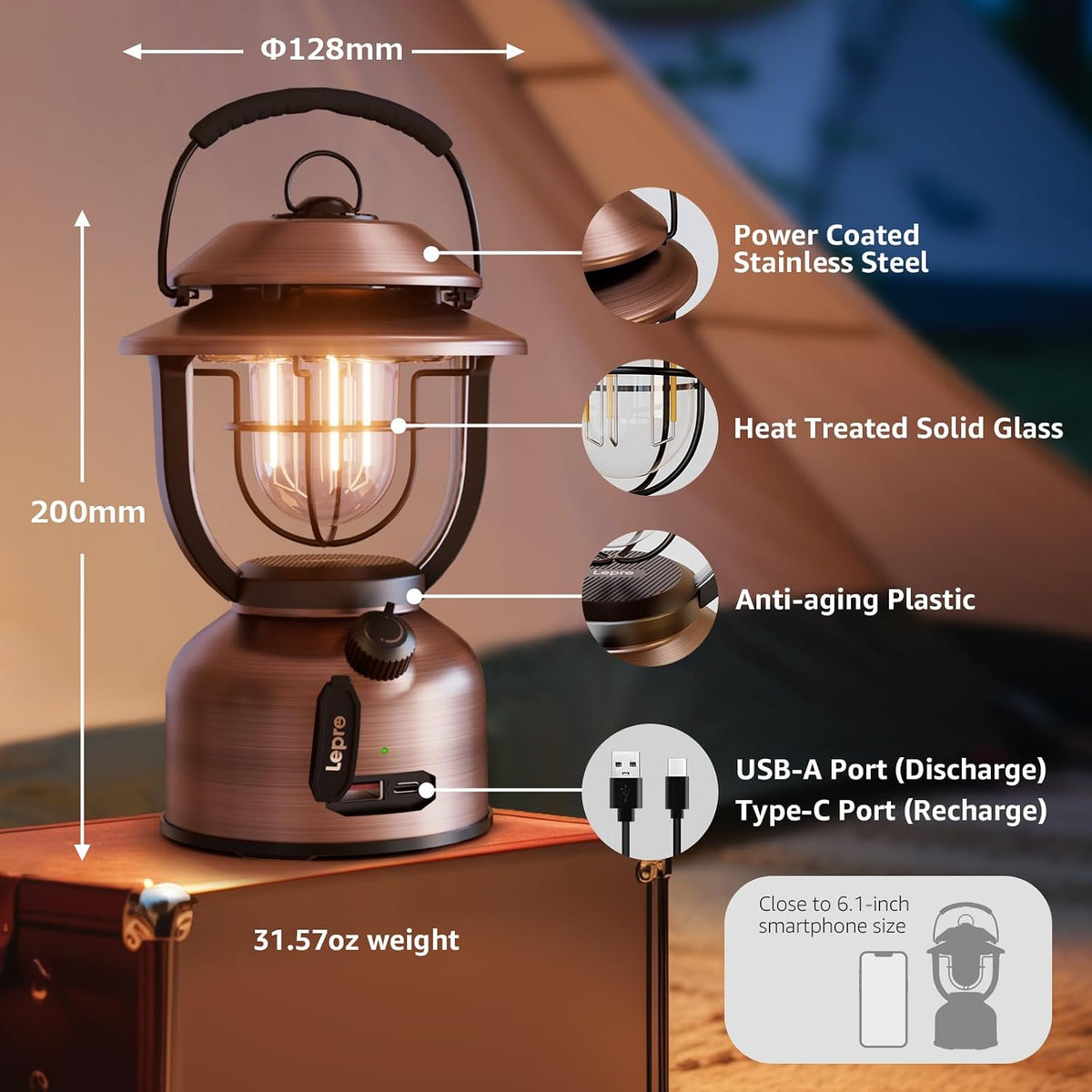 Retro Camping Lantern, Rechargeable Camping Light 15000Mah Power Bank