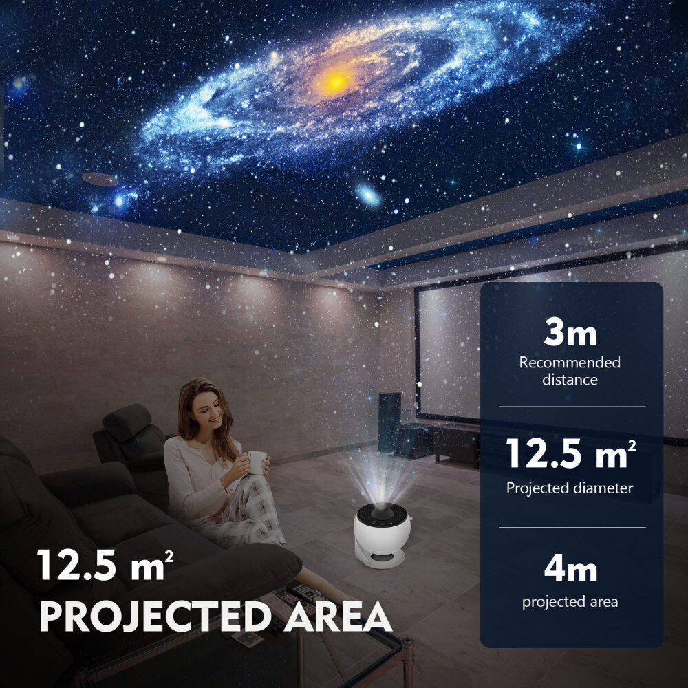 Galaxy projector creating starry night sky in cozy van interior, perfect for van life ambiance and relaxation