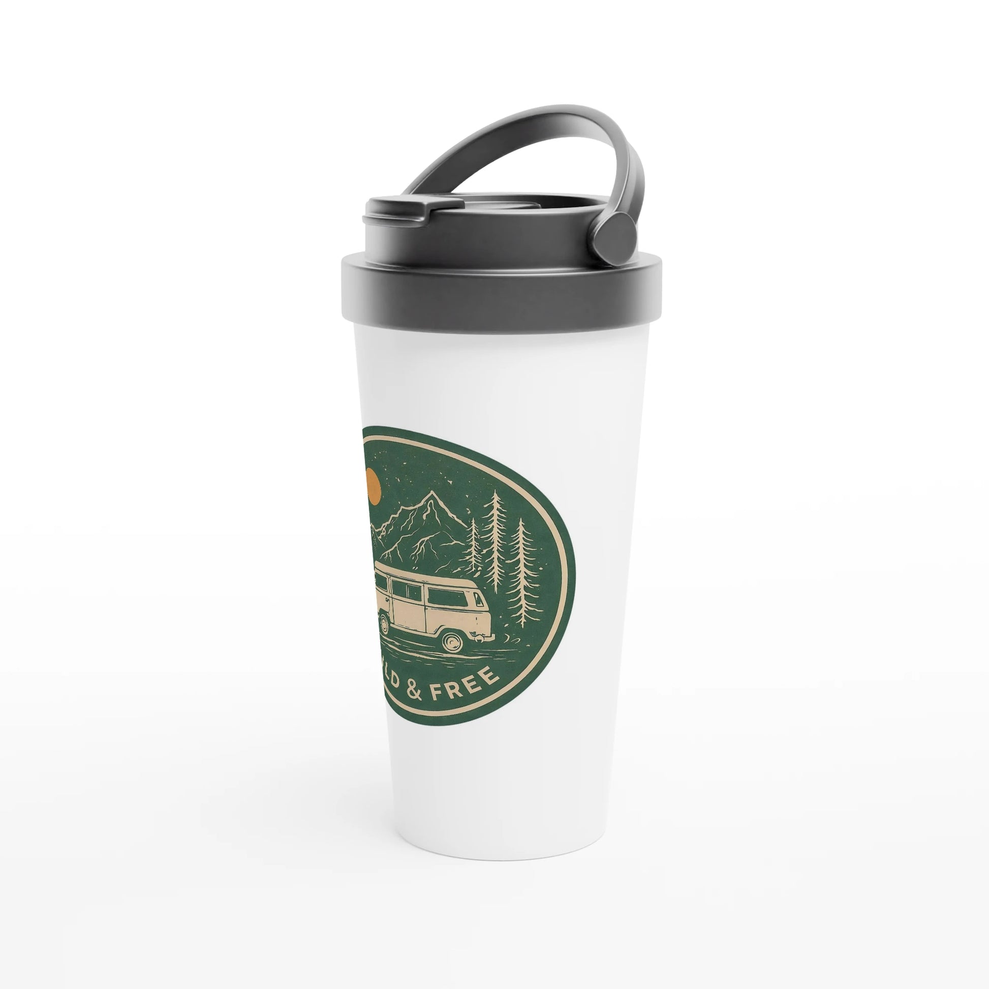 White travel mug with van life design, mountains, trees, and 'Wild & Free' text — perfect for camper van adventures.