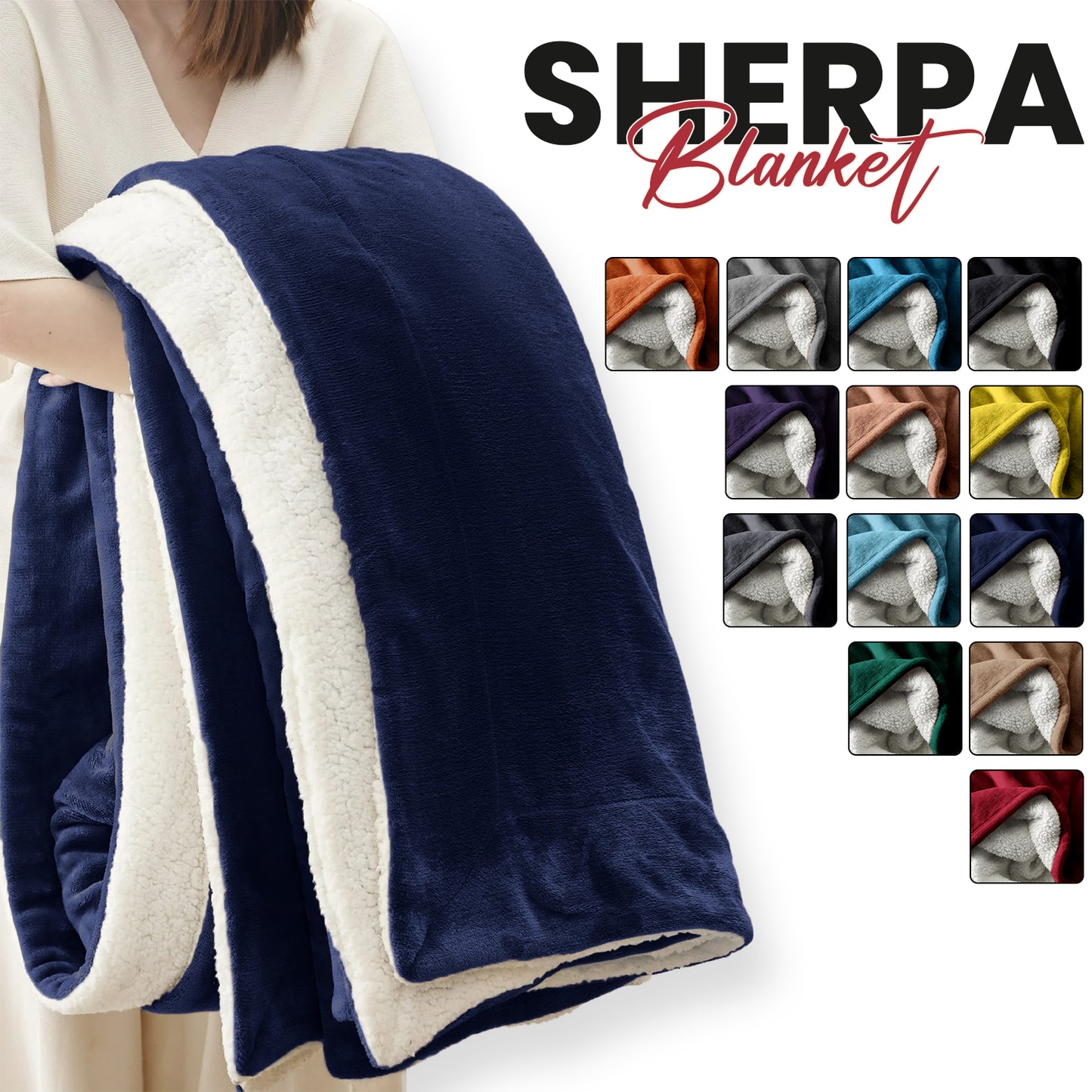 Navy Sherpa blanket with cream fleece lining, cozy for van life or camping adventures