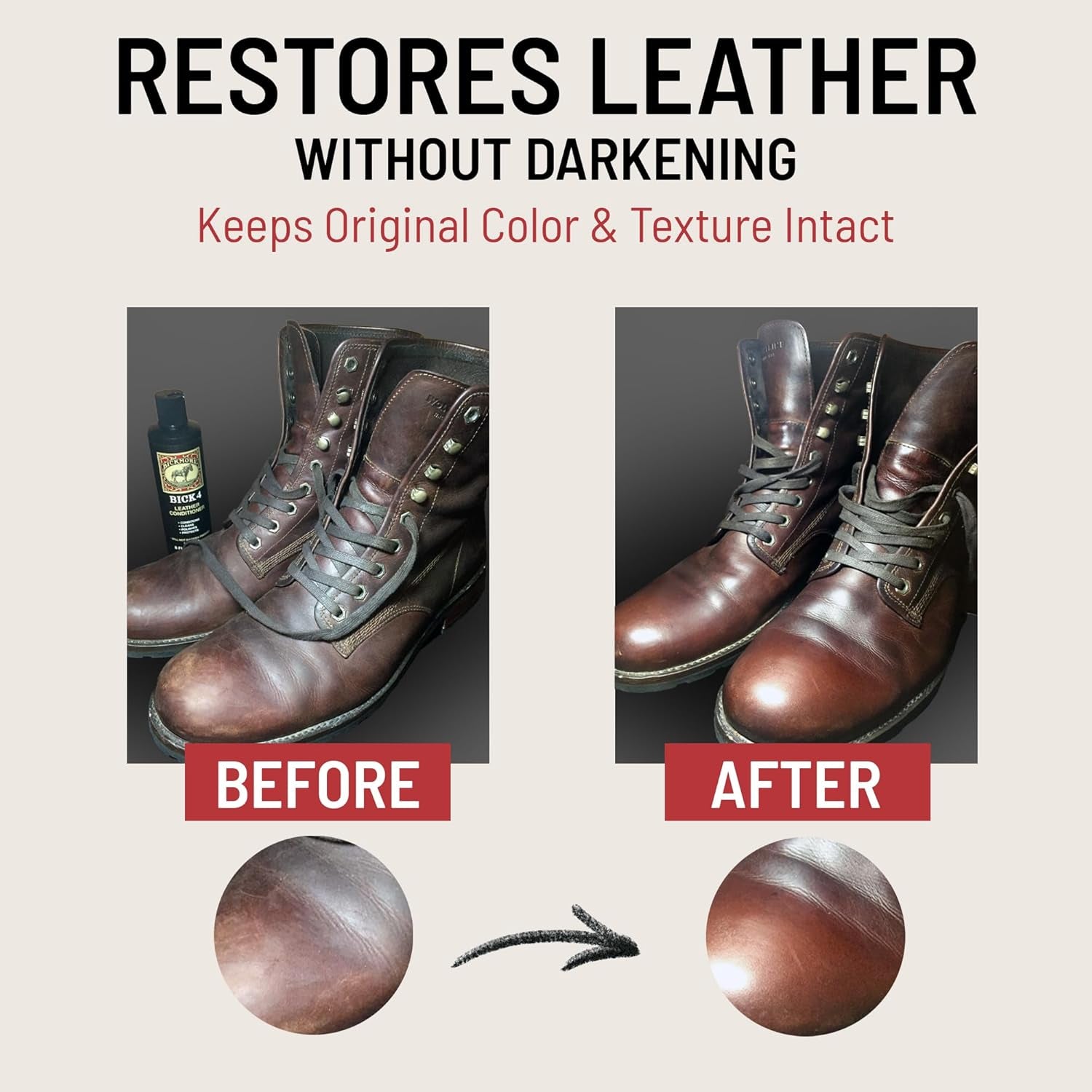Leather conditioner restores boots without darkening, keeps original color & texture intact