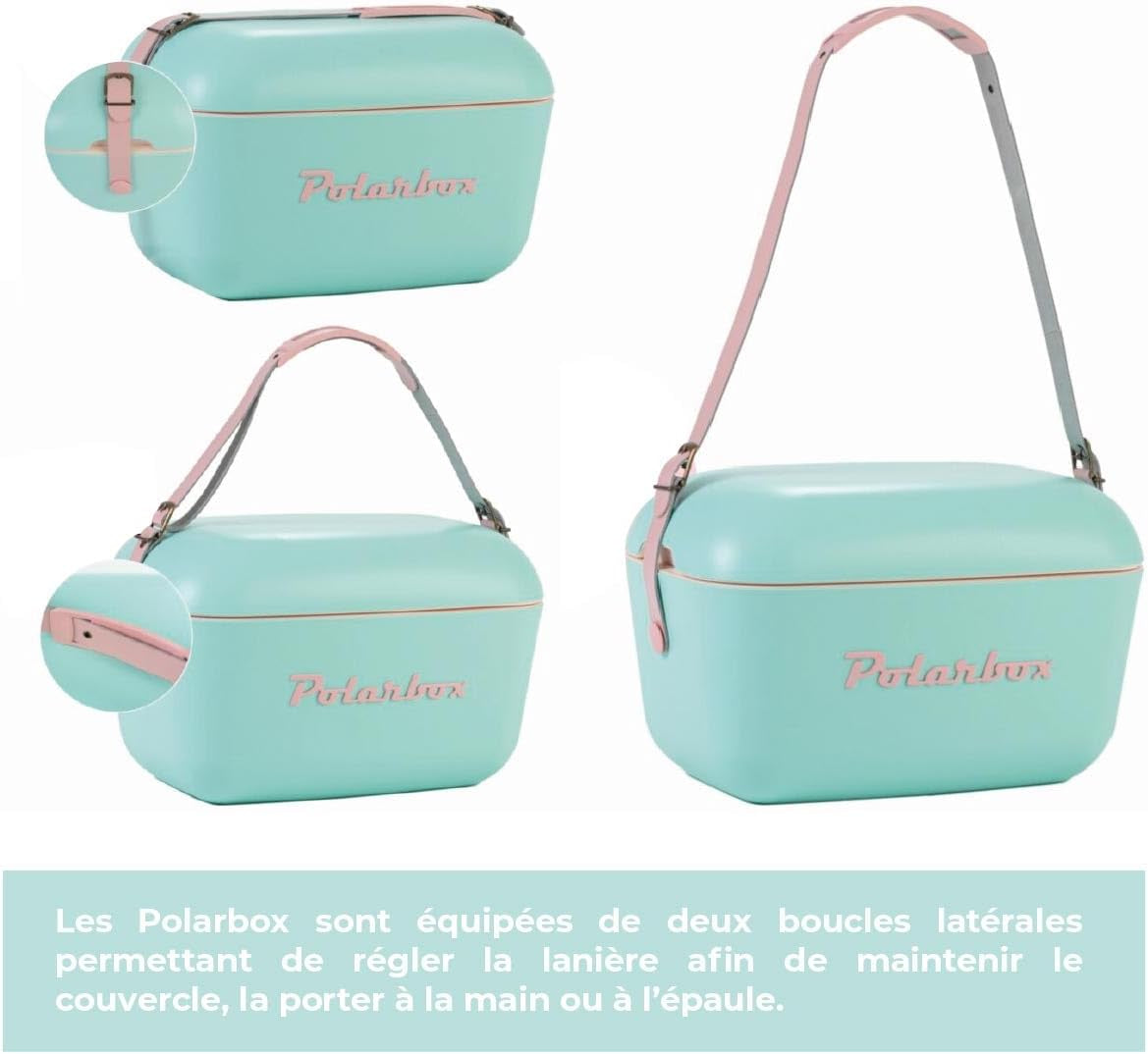 Three views of a mint green rectangular box with pink trim and an adjustable pink shoulder strap, showing the 'Polarbox' logo.