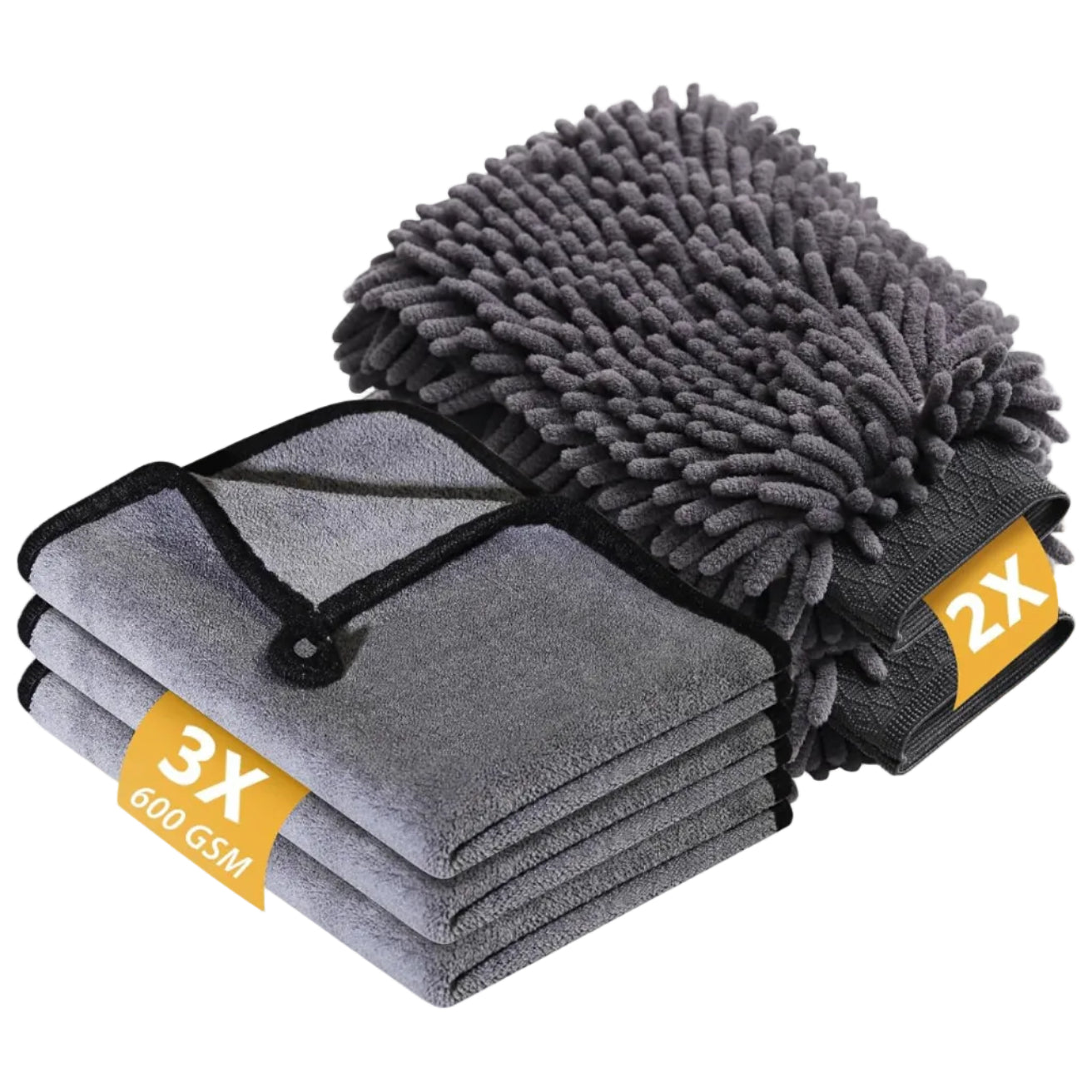 5 Pcs Car Washing Kit with 3X Microfibre Cleaning Cloth and 2Er Microfibre Wash Mitt, Dual-Sided Ultra Soft Drying Towels and Gloves for Car Care, Polishing, 600GSM, 40X30Cm