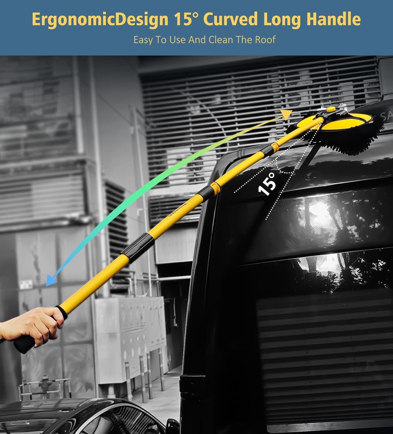 Ergonomic 15° curved long handle roof brush for van cleaning, easy reach for camper van maintenance