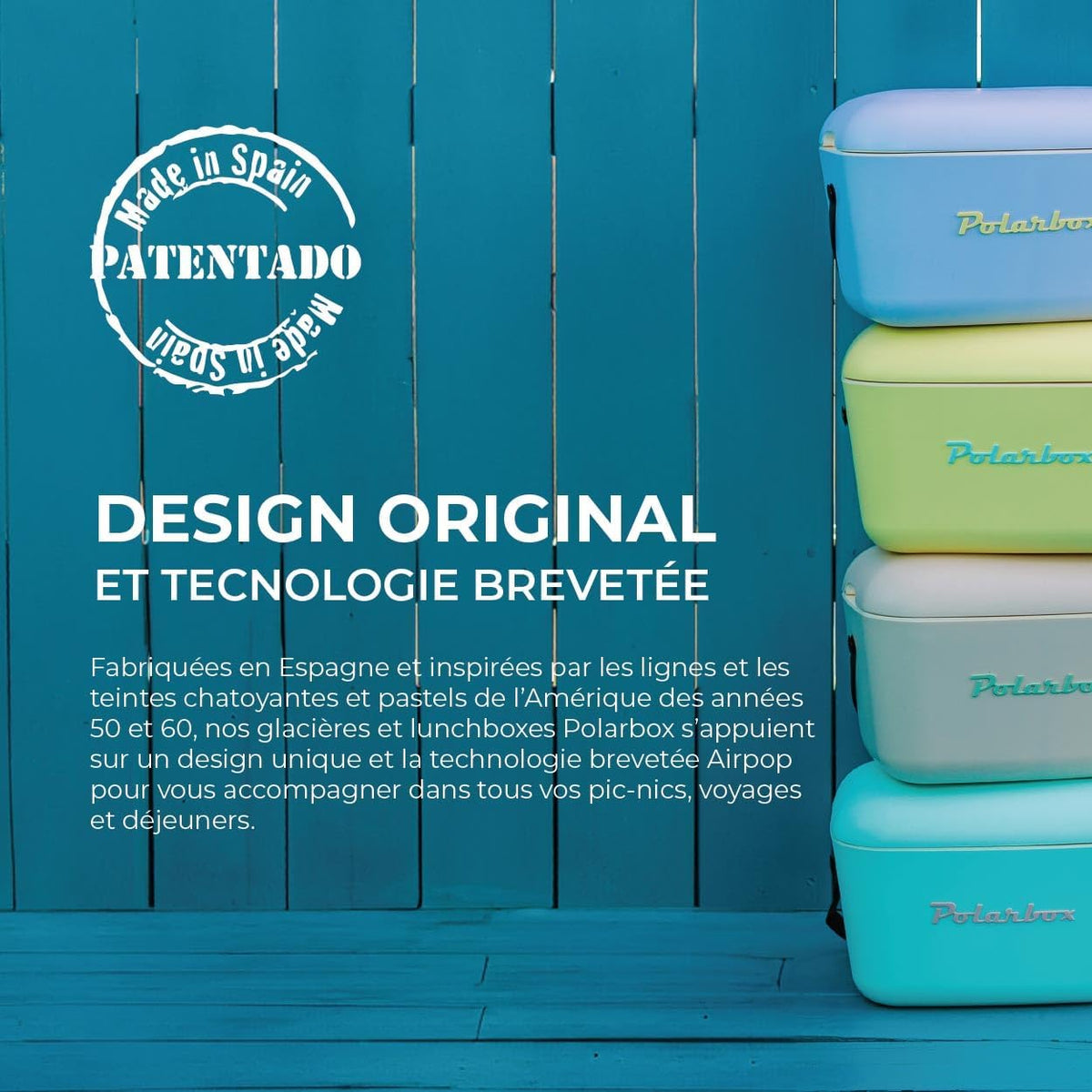 A stack of four pastel-coloured cooler boxes sits to the right of teal wooden panelling, with white French text and a circular “patentado” stamp visible on the left.
