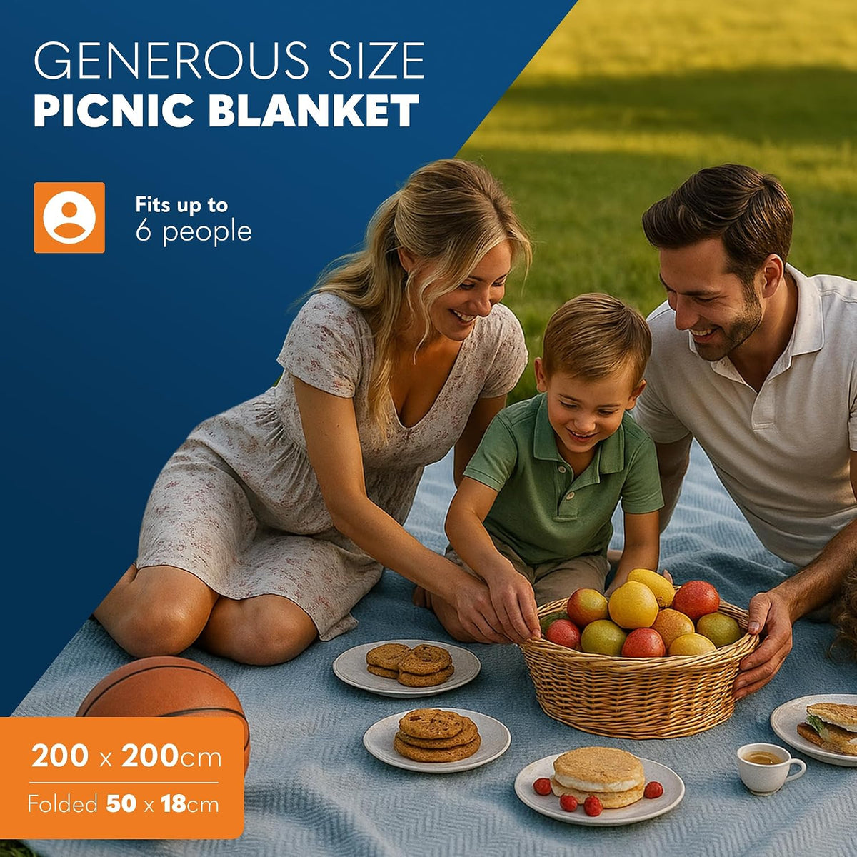 Picnic Blanket – Blue Herringbone Extra Large Outdoor Rug 200X200Cm – Waterproof & Sandproof Mat for 6-8 People – Foldable with Handle – Stylish Camping & Beach Blanket