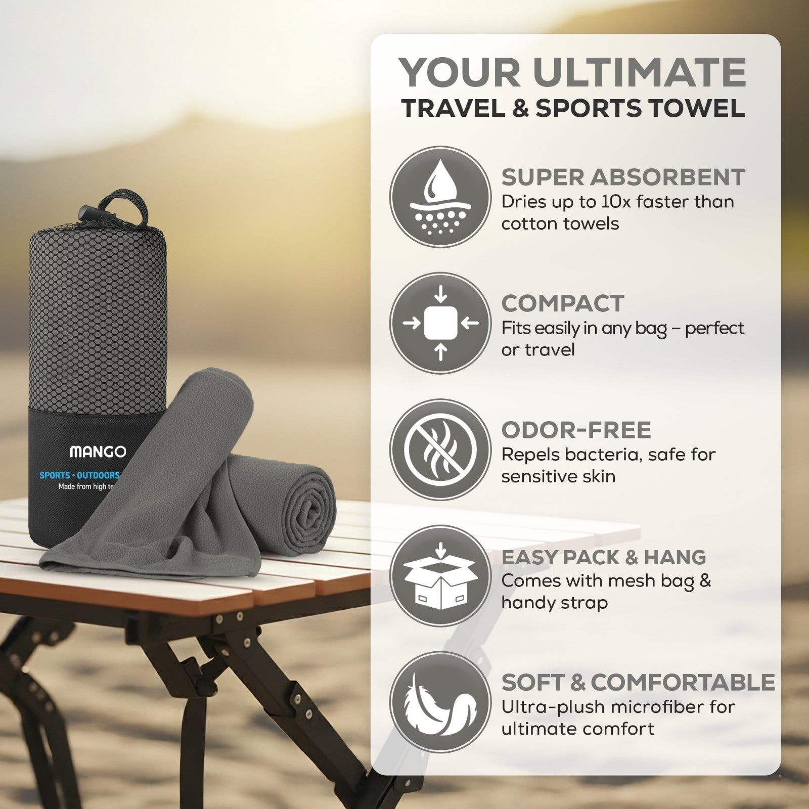 Compact, super absorbent travel towel for van life & outdoor adventures, fits in mesh bag, soft microfiber