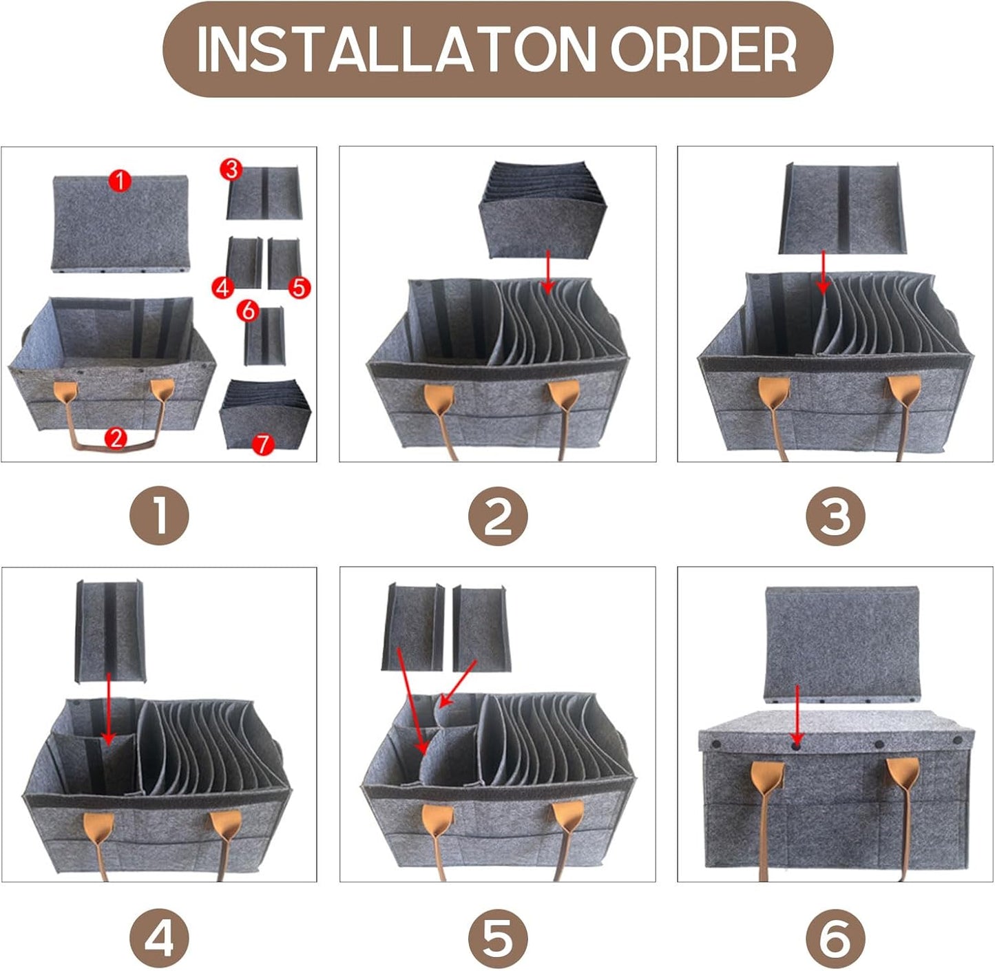 Step-by-step assembly guide for grey felt van storage organizer with dividers and handles