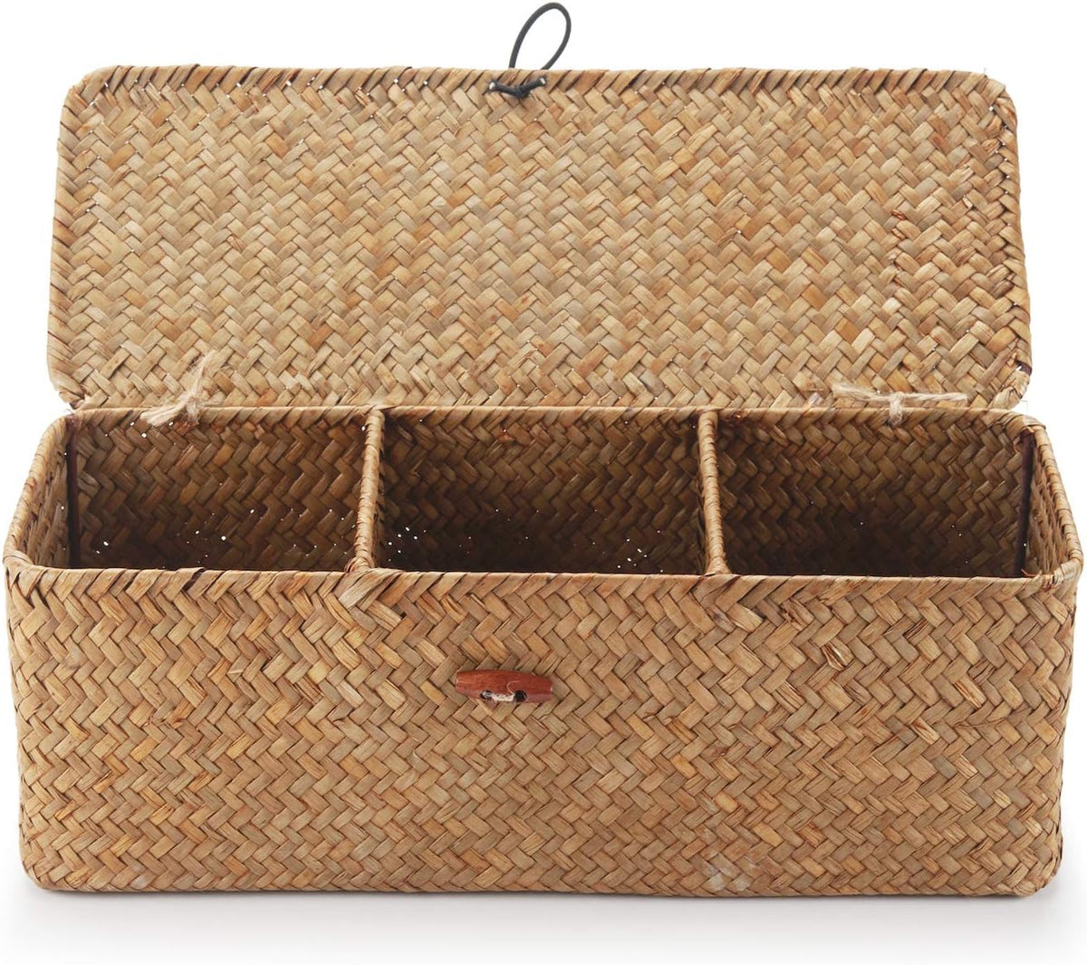 Seagrass Storage Basket with Lid Small Woven Shelf Baskets Rectangular with Sections for Organize Snack Toys Tampon