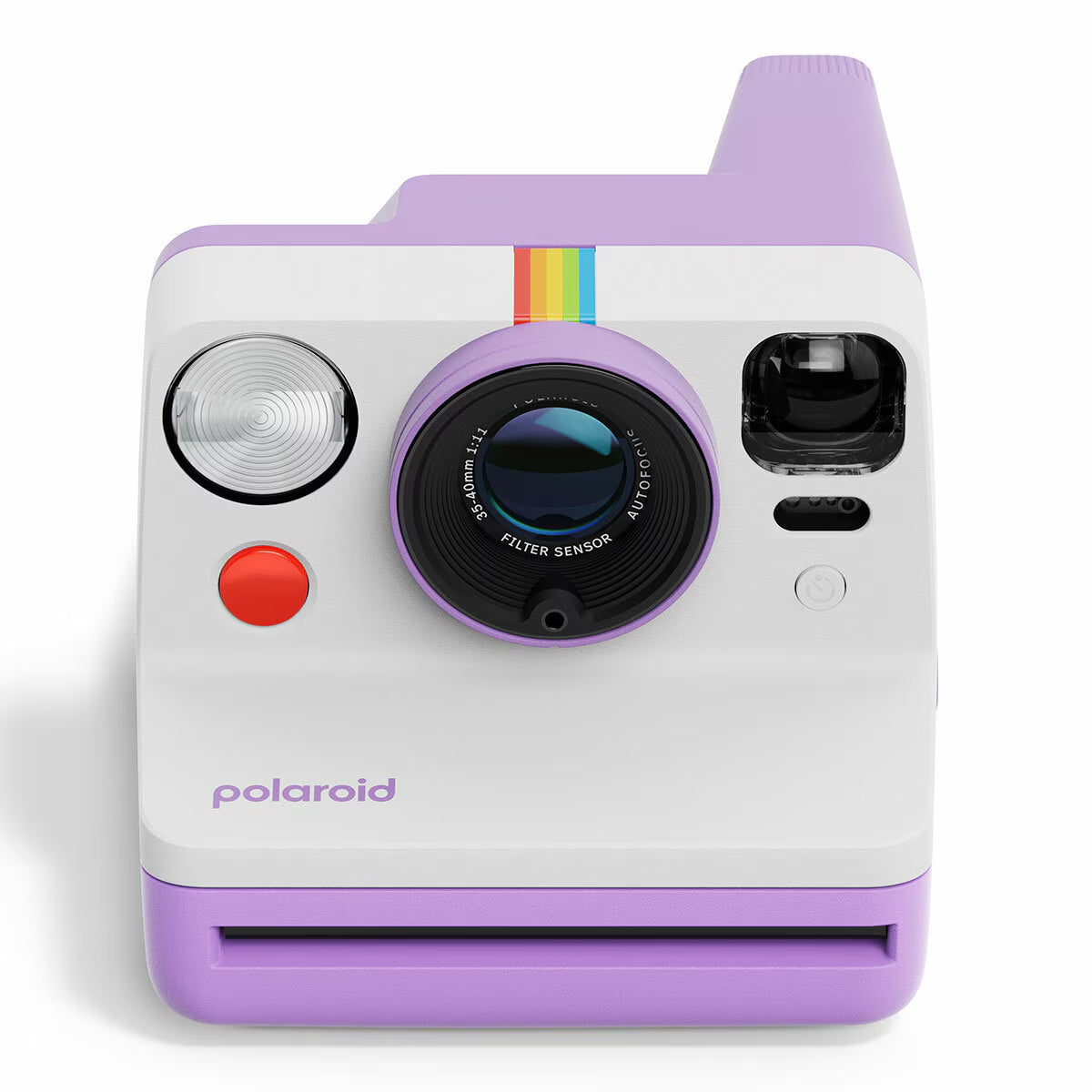 Purple and white Polaroid instant camera with rainbow stripe, perfect for van life adventures and outdoor memories.