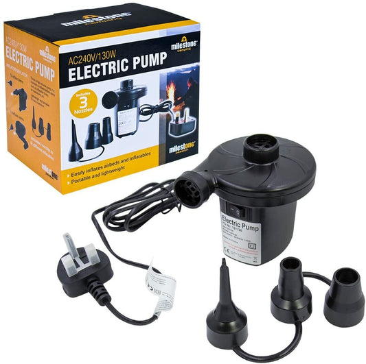 Milestone electric pump for inflating airbeds & camp gear, portable 130W with 3 nozzles, UK plug