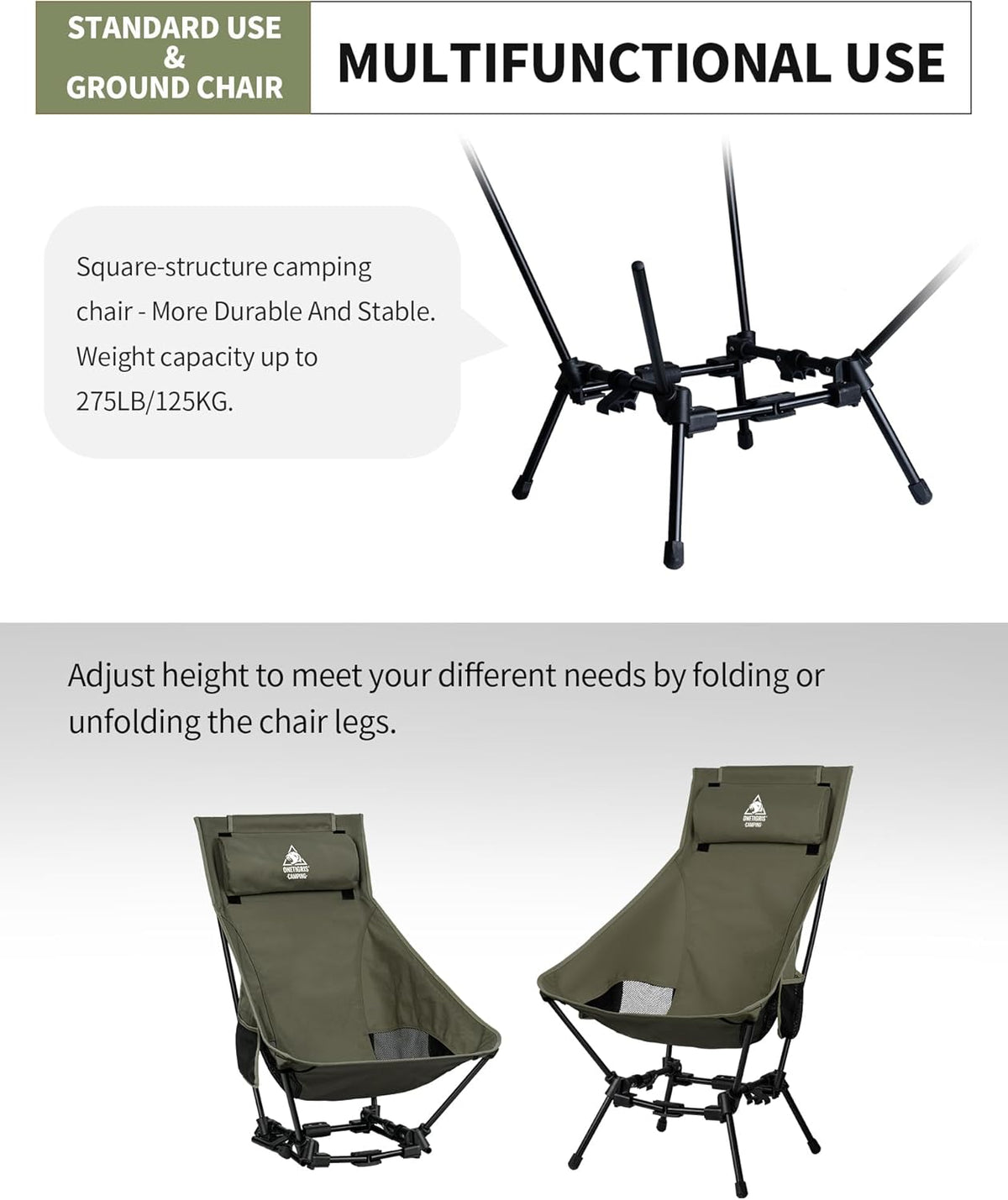 Dragonhide Oversized Camping Chair with Pillow Design, Comfortable Widened Seat Folding, 275 Lbs Capacity