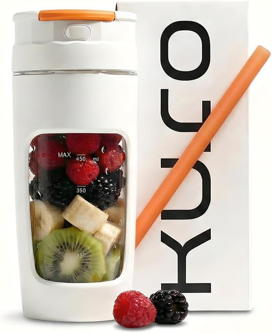 450ml USB-C Portable Blender – white and orange blender with drink and packaging