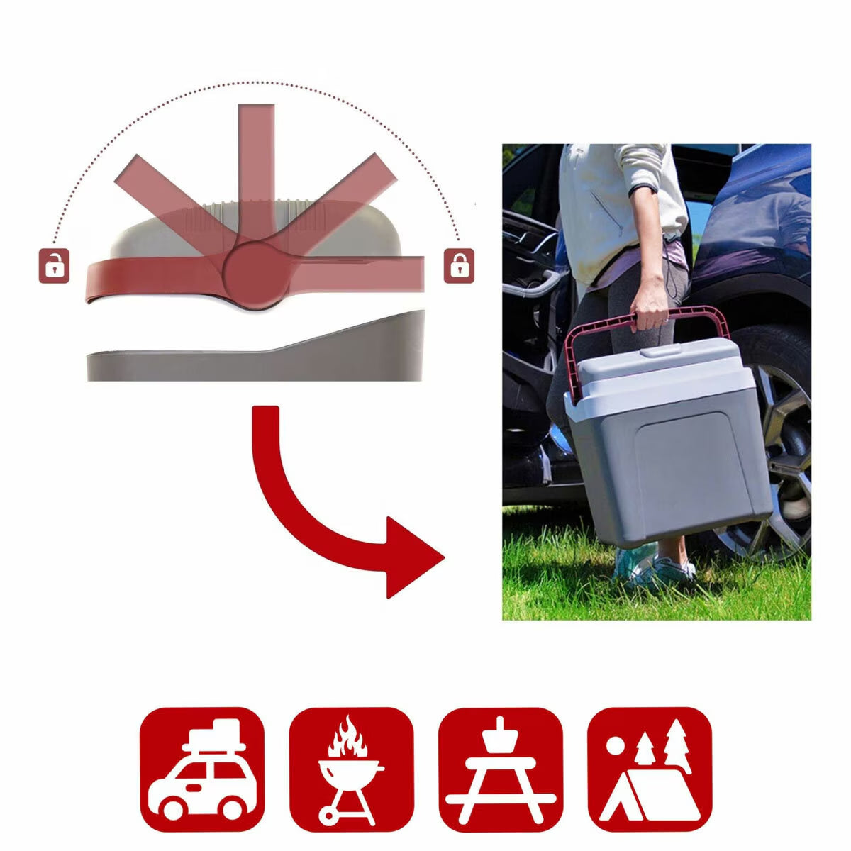 12V Electric Cooler 24L, Cool/Warm Box with Adjustable Strap in Grey