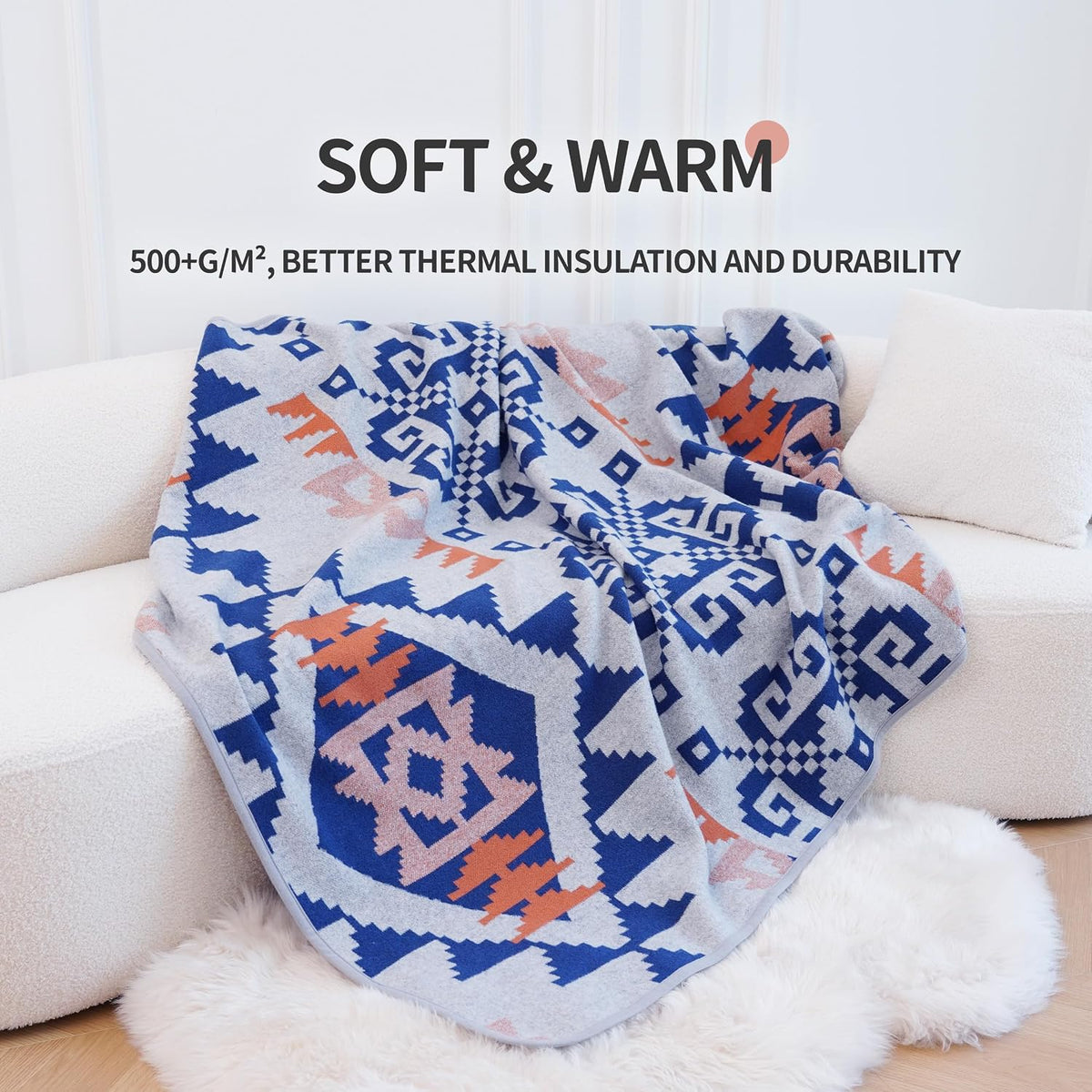 Merino Wool Blanket Soft Warm Thick Bed Couch Outdoor Camping Travel Car Throw All Weather Aztec Style Grey 63 X 51 Inch
