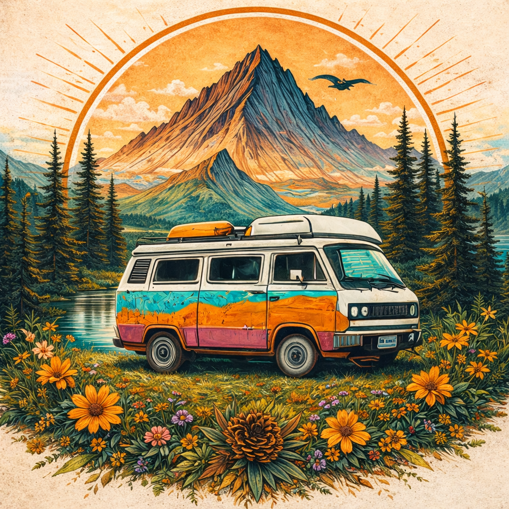 Colorful camper van parked by mountain lake, surrounded by wildflowers and pine trees, perfect for van life adventures.
