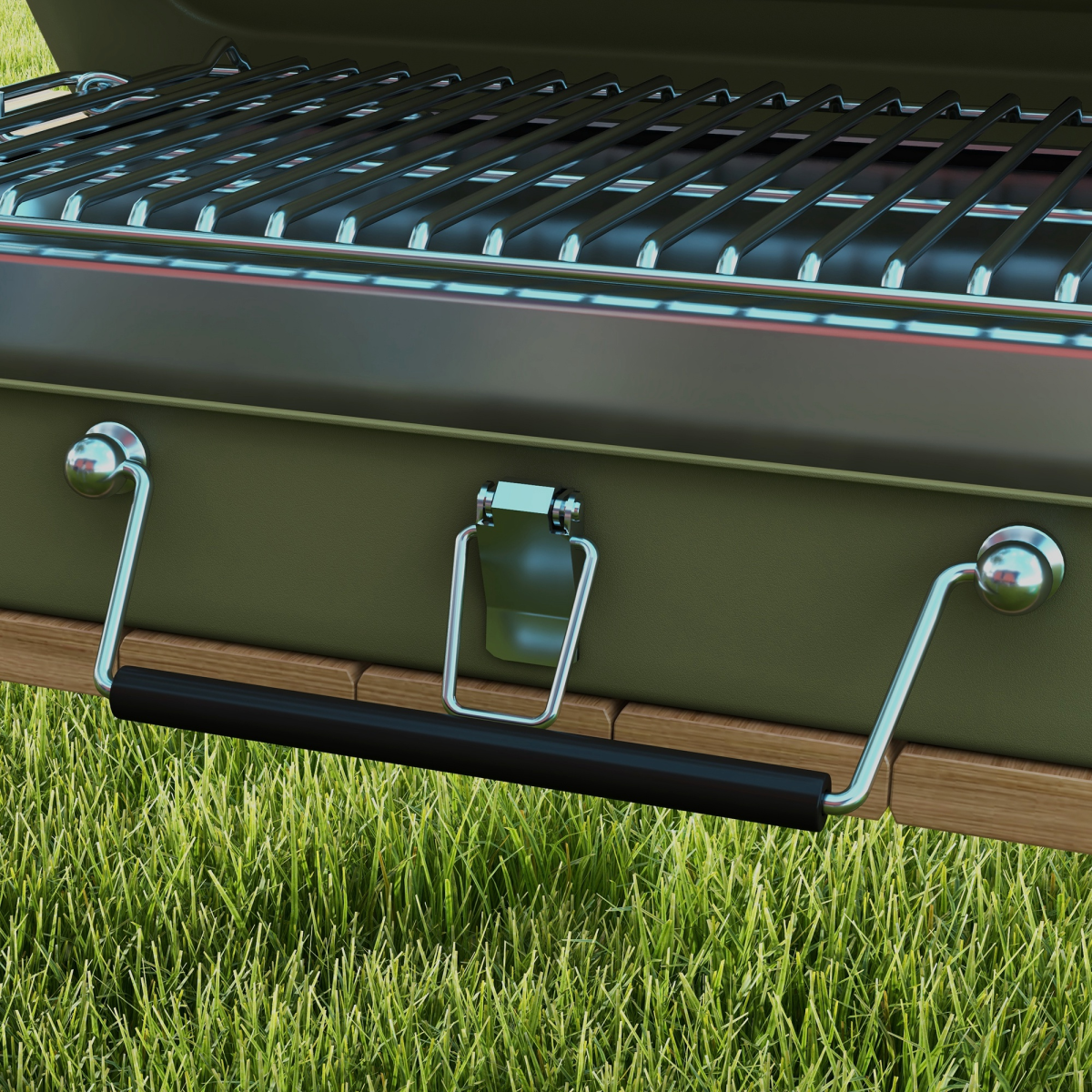 Portable outdoor grill for van life camping, featuring sturdy grates and wooden base on grass