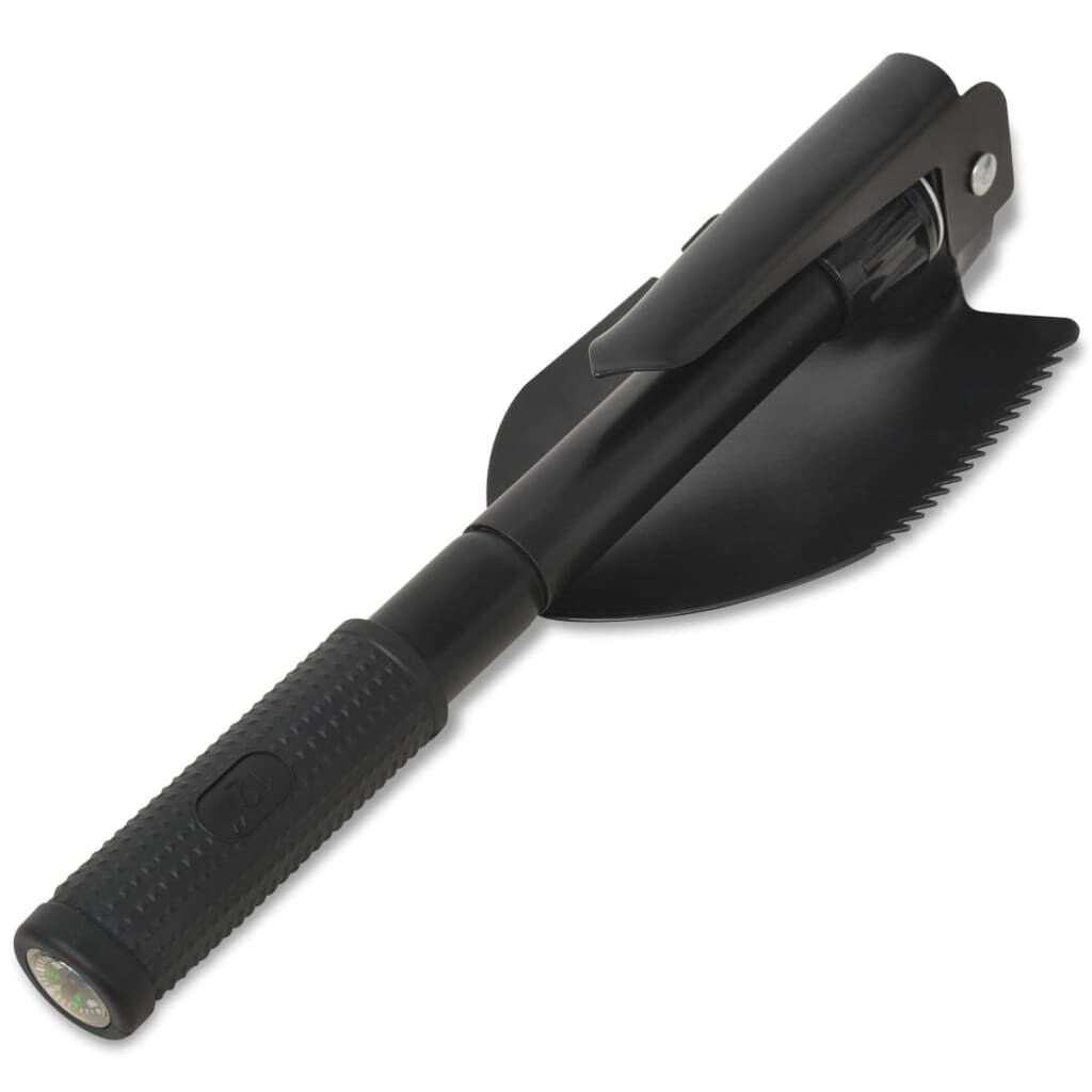 Compact black folding shovel with serrated edge, compass, and flashlight for van life camping gear