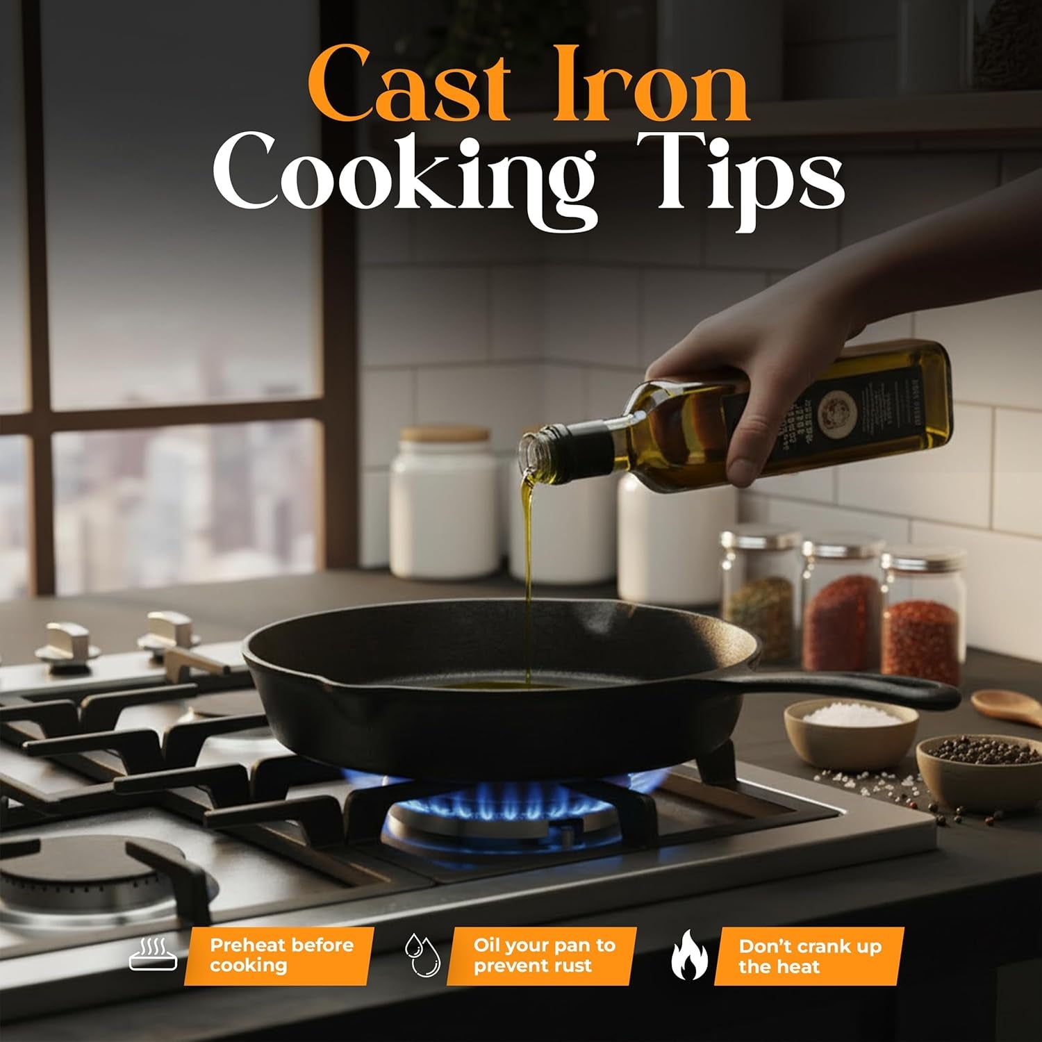 Cast iron skillet on gas stove with oil being poured, cooking tips for van life kitchen essentials