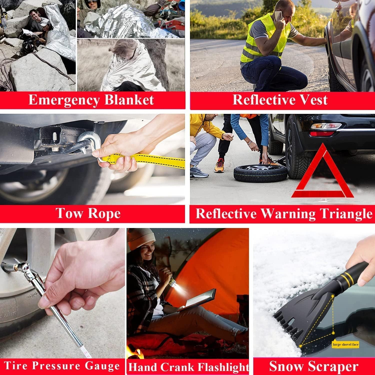 Van life emergency gear: blanket, vest, tow rope, warning triangle, tire gauge, flashlight, snow scraper