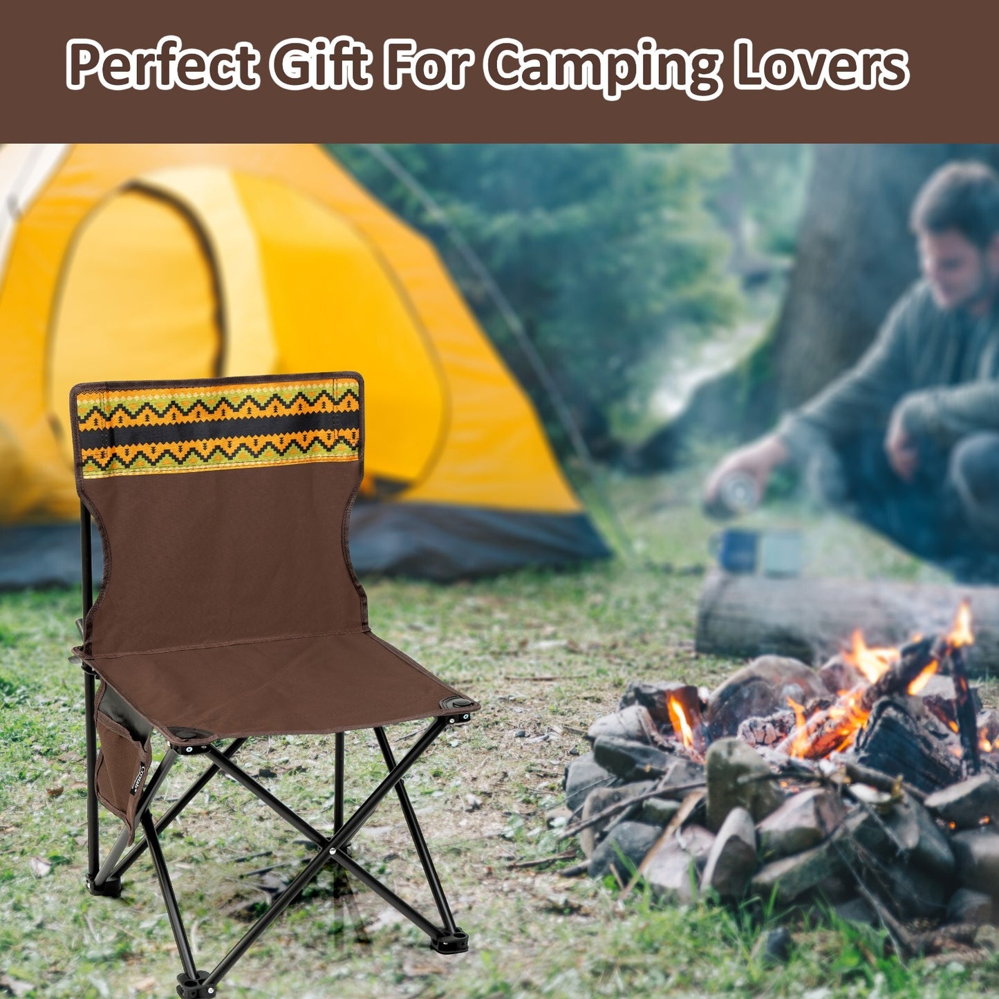Portable camping chair with patterned back, perfect for campfire nights and van life adventures