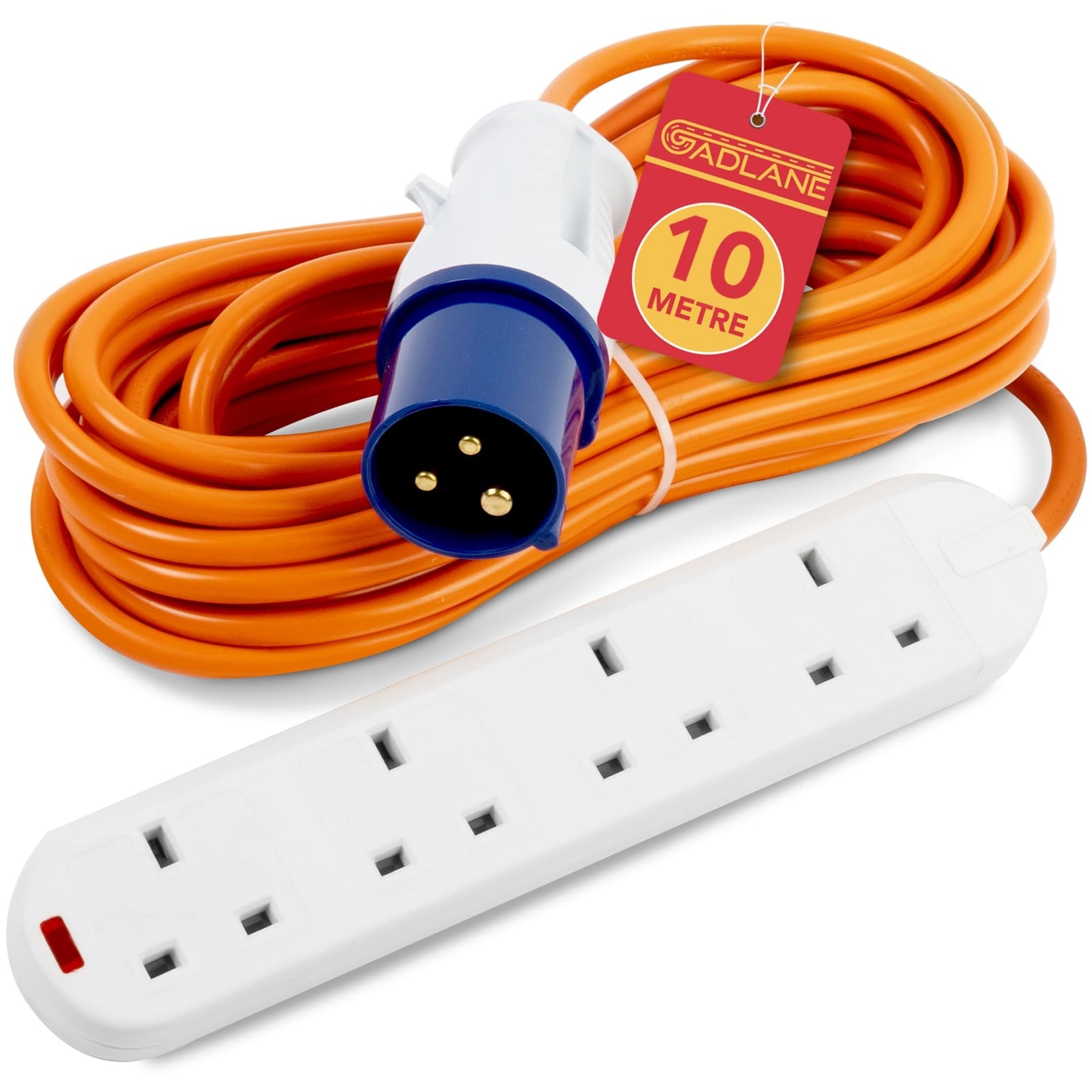 10m orange van life power cable with UK 4-way extension lead for camper vans and outdoor adventures