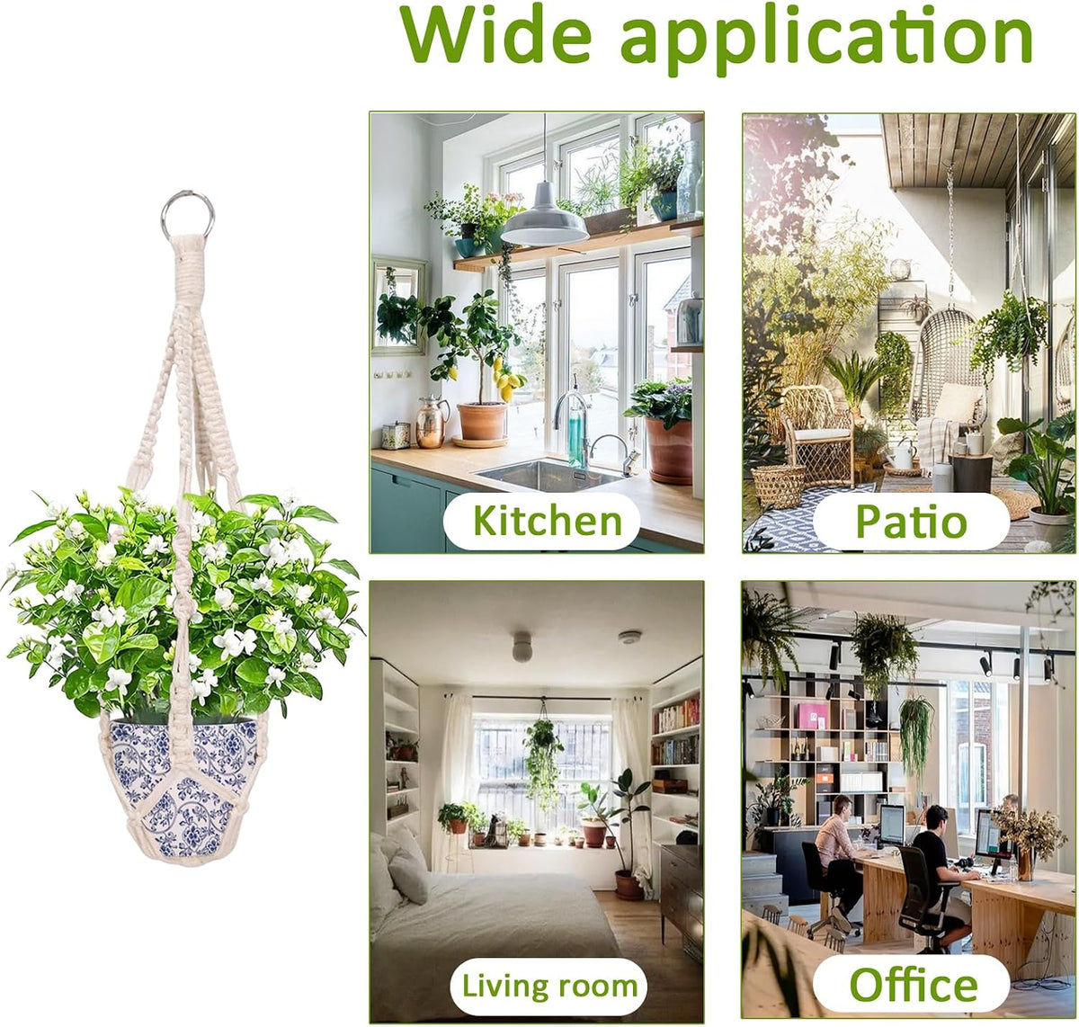 Cotton Macramé Plant Hangers – Pair, 50cm – hanger displayed in several interiors