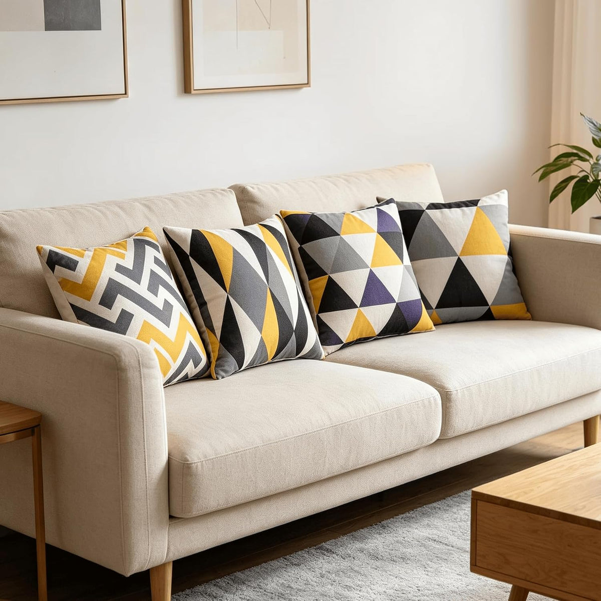 Yellow & Grey Geometric Cushion Covers – 4 Pack, 45cm – four cushions styled on a sofa