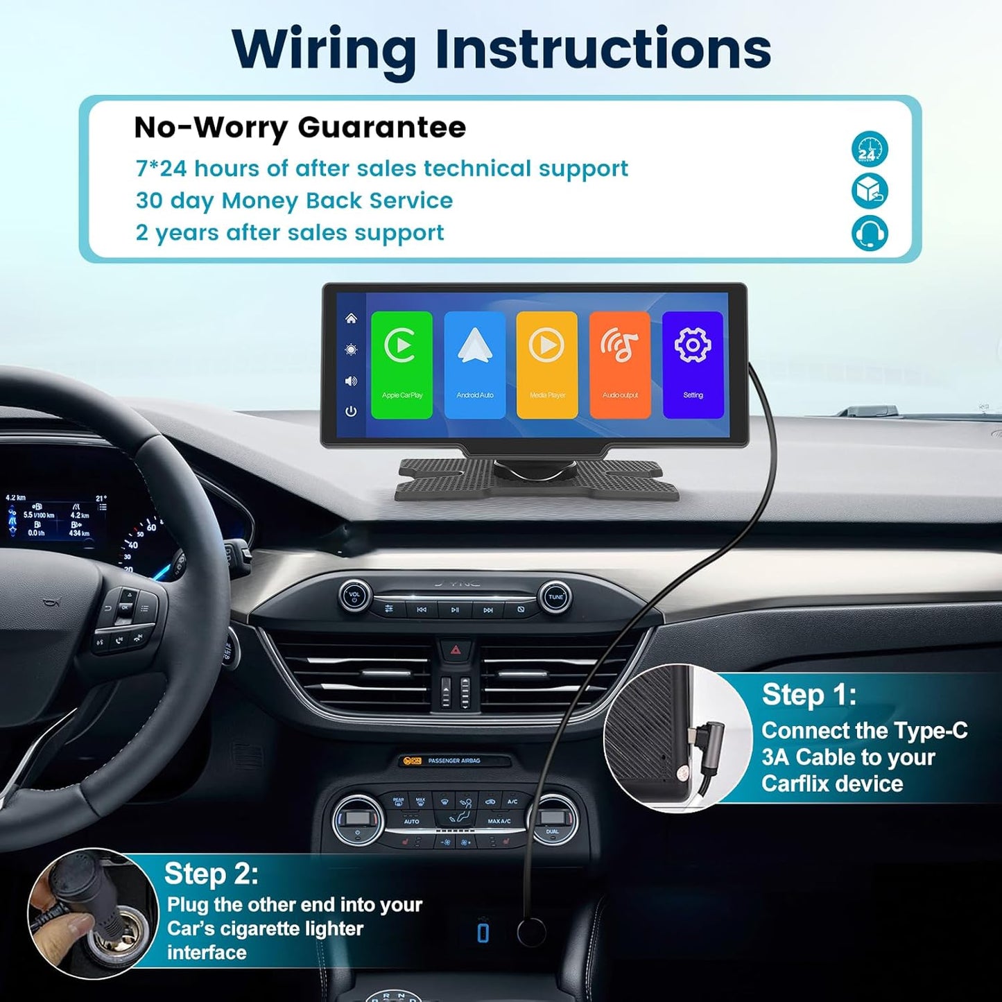 Carflix device wiring instructions for van life setup with Type-C cable and cigarette lighter connection