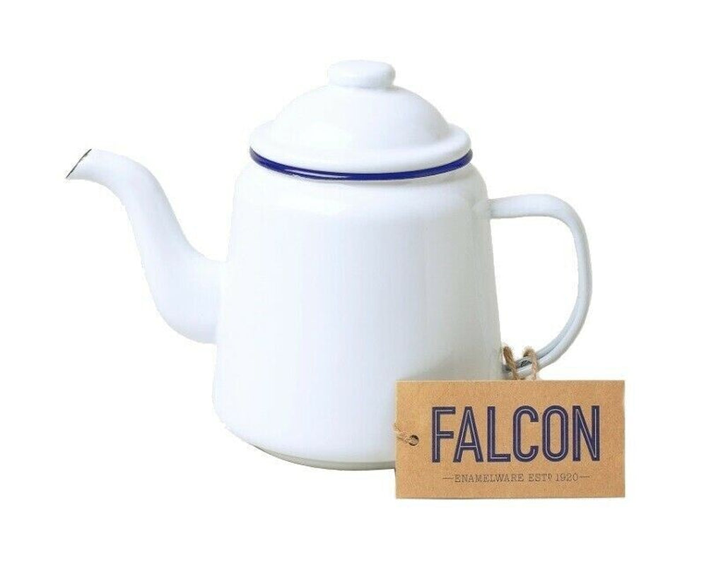 White Falcon enamelware teapot with blue rim, perfect for van life camping and outdoor adventures